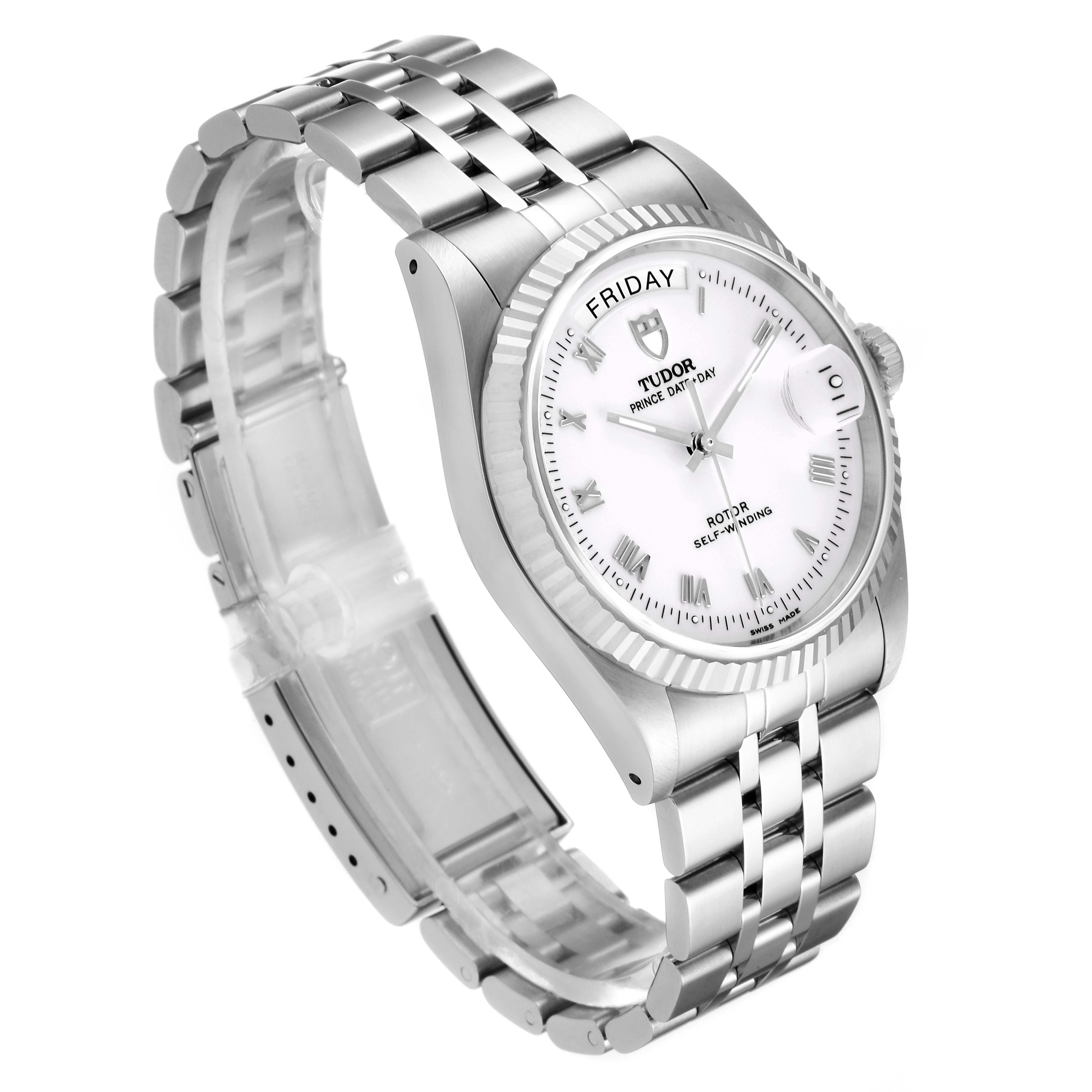 This Tudor Prince 76214 Men's Stainless Steel White Dial 76214 Men's Stainless Steel White Dial model watch shows a stainless steel bracelet, case, and white dial with day and date features at an oblique angle.