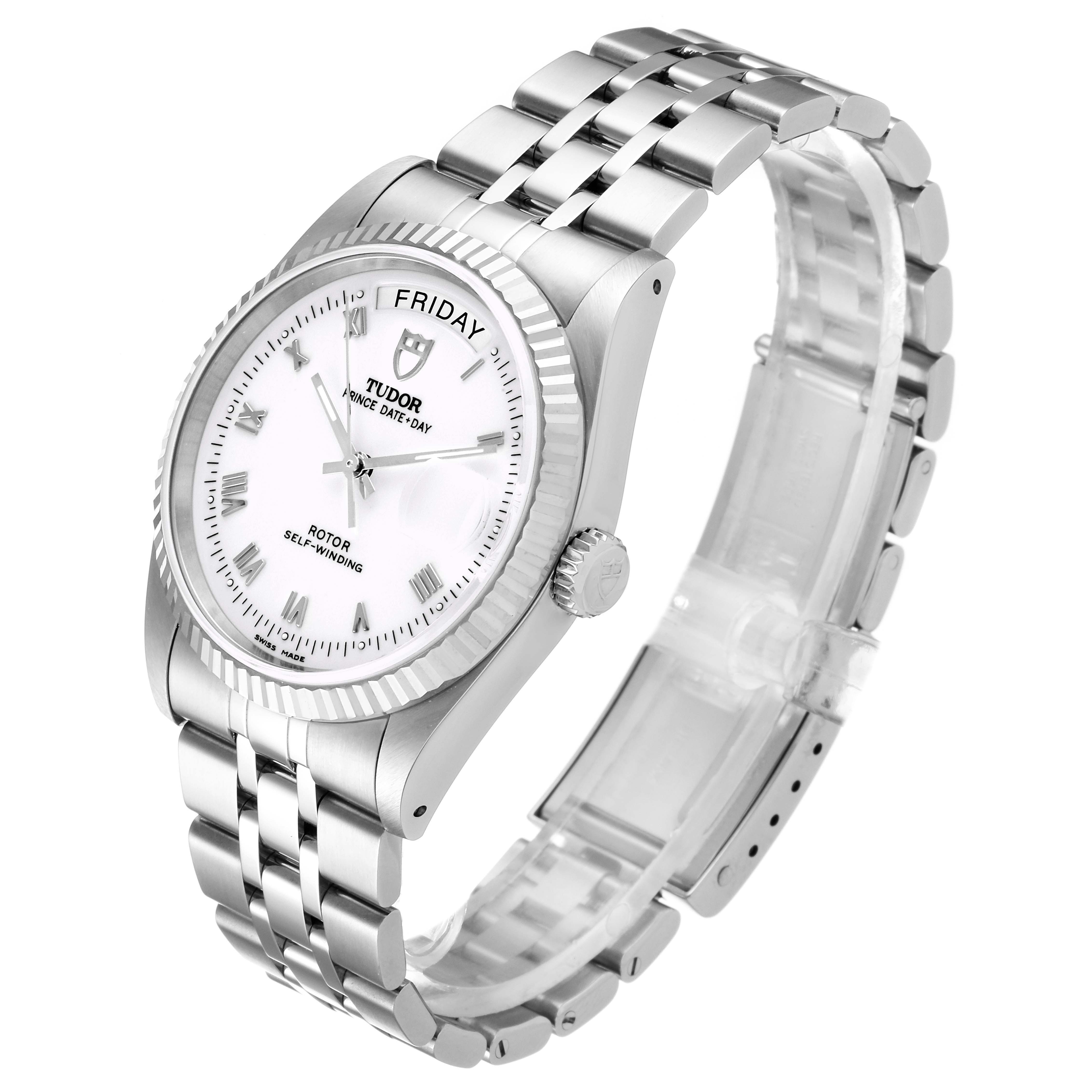 The image shows a Tudor Prince 76214 Men's Stainless Steel White Dial 76214 Men's Stainless Steel White Dial model watch at a three-quarter angle, highlighting the face, bezel, crown, and bracelet.