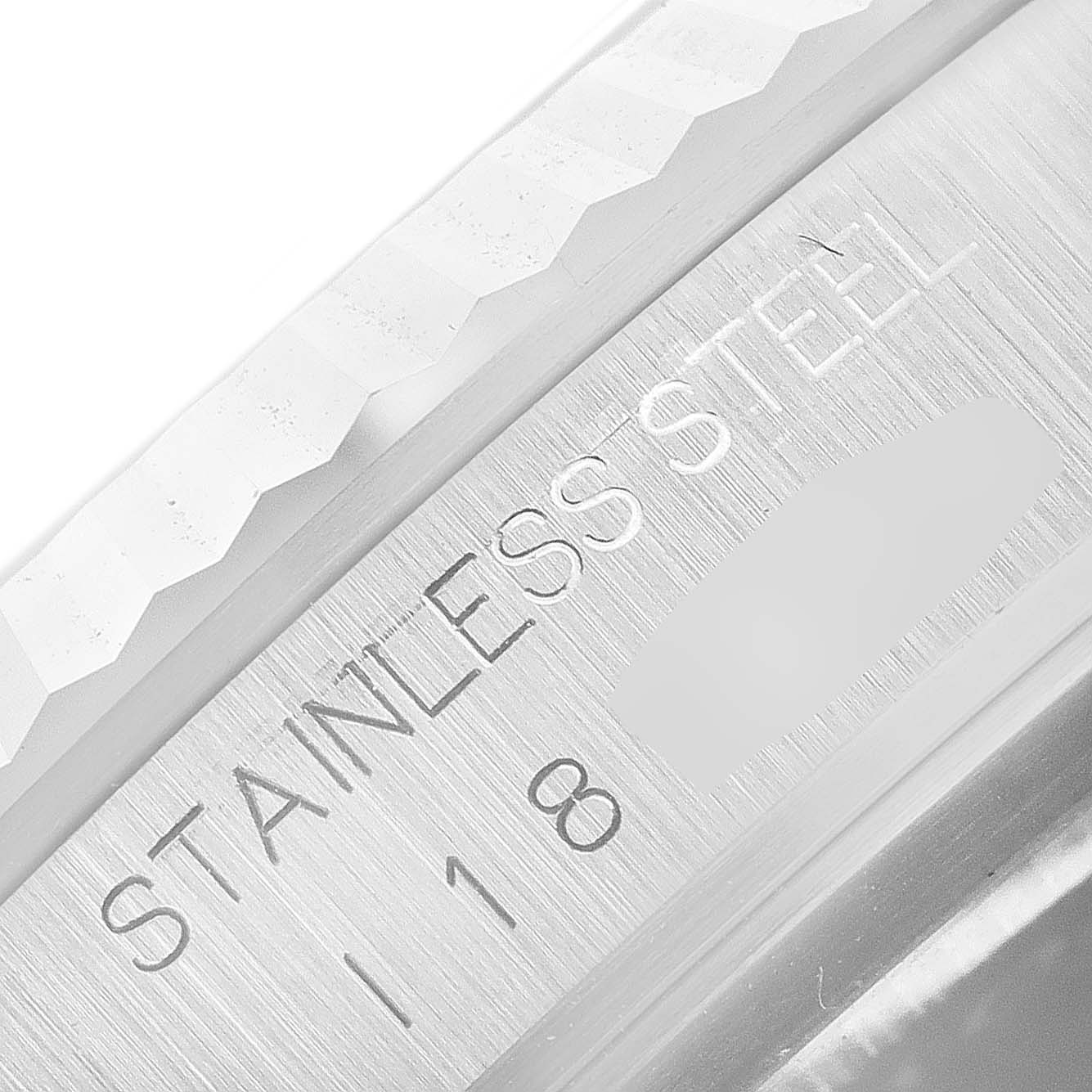 The image shows a close-up of the stainless steel case back of a Tudor Prince 76214 Men's Stainless Steel White Dial 76214 Men's Stainless Steel White Dial model watch.