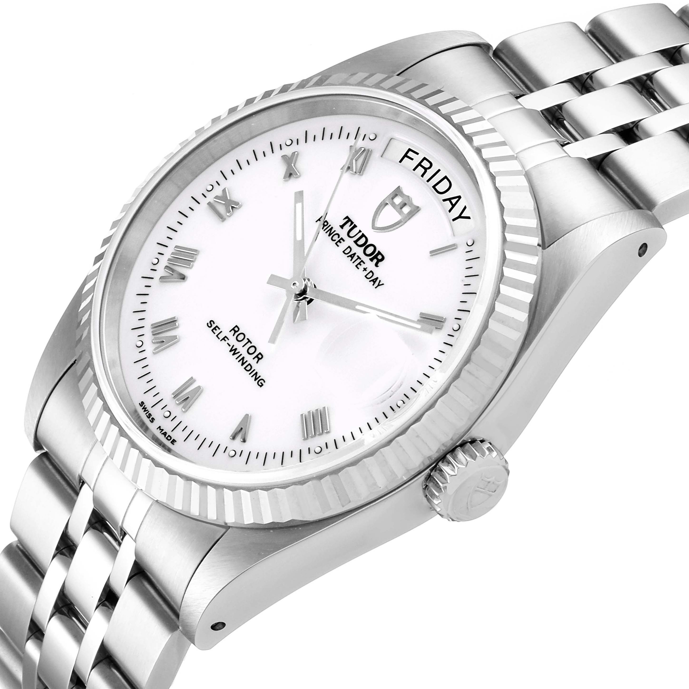 The image shows a Tudor Prince 76214 Men's Stainless Steel White Dial 76214 Men's Stainless Steel White Dial watch at a tilted angle, displaying the face, crown, and part of the bracelet.