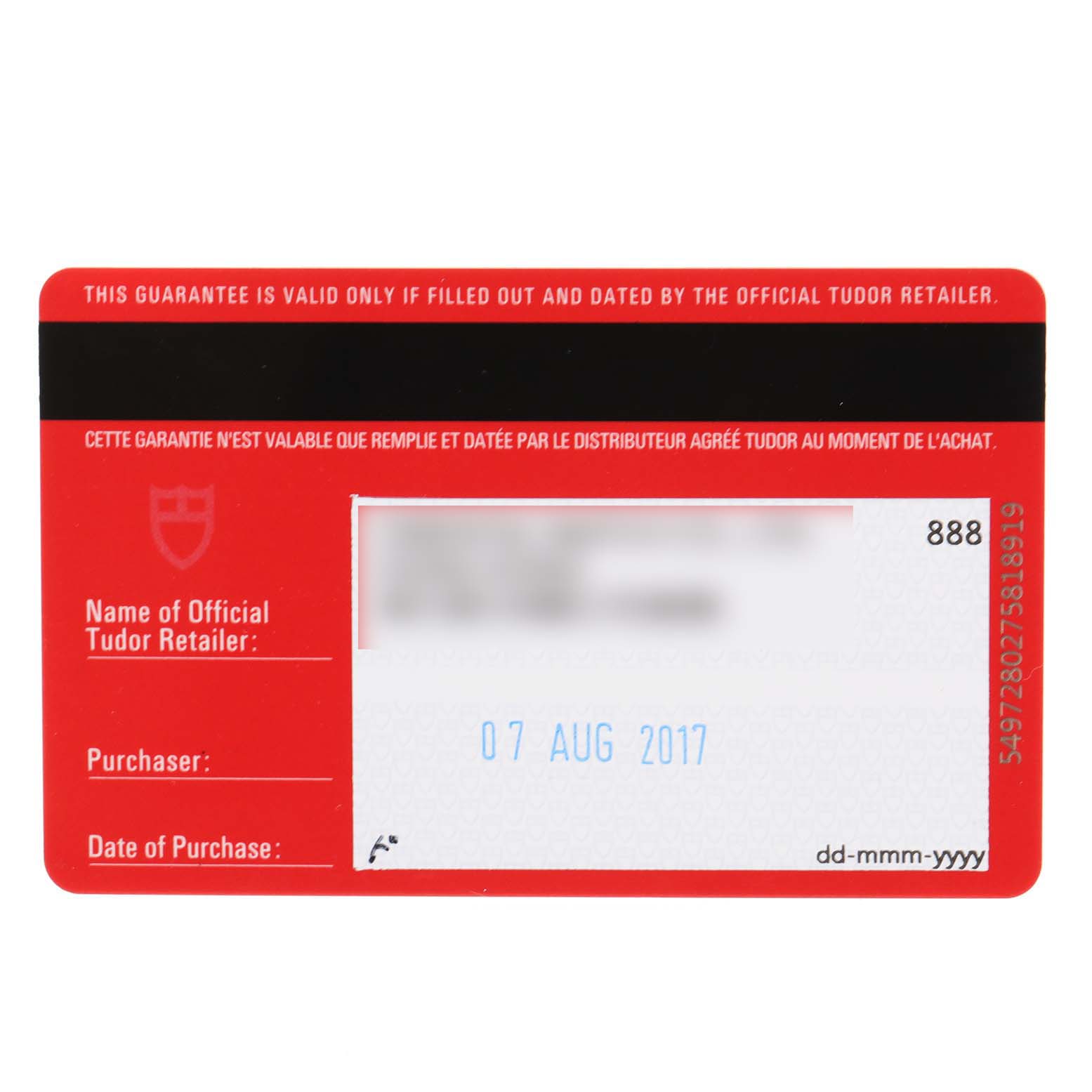 This image shows the warranty card for a Tudor Prince 76214 Men's Stainless Steel White Dial 76214 Men's Stainless Steel White Dial watch, detailing the official retailer and purchase information.