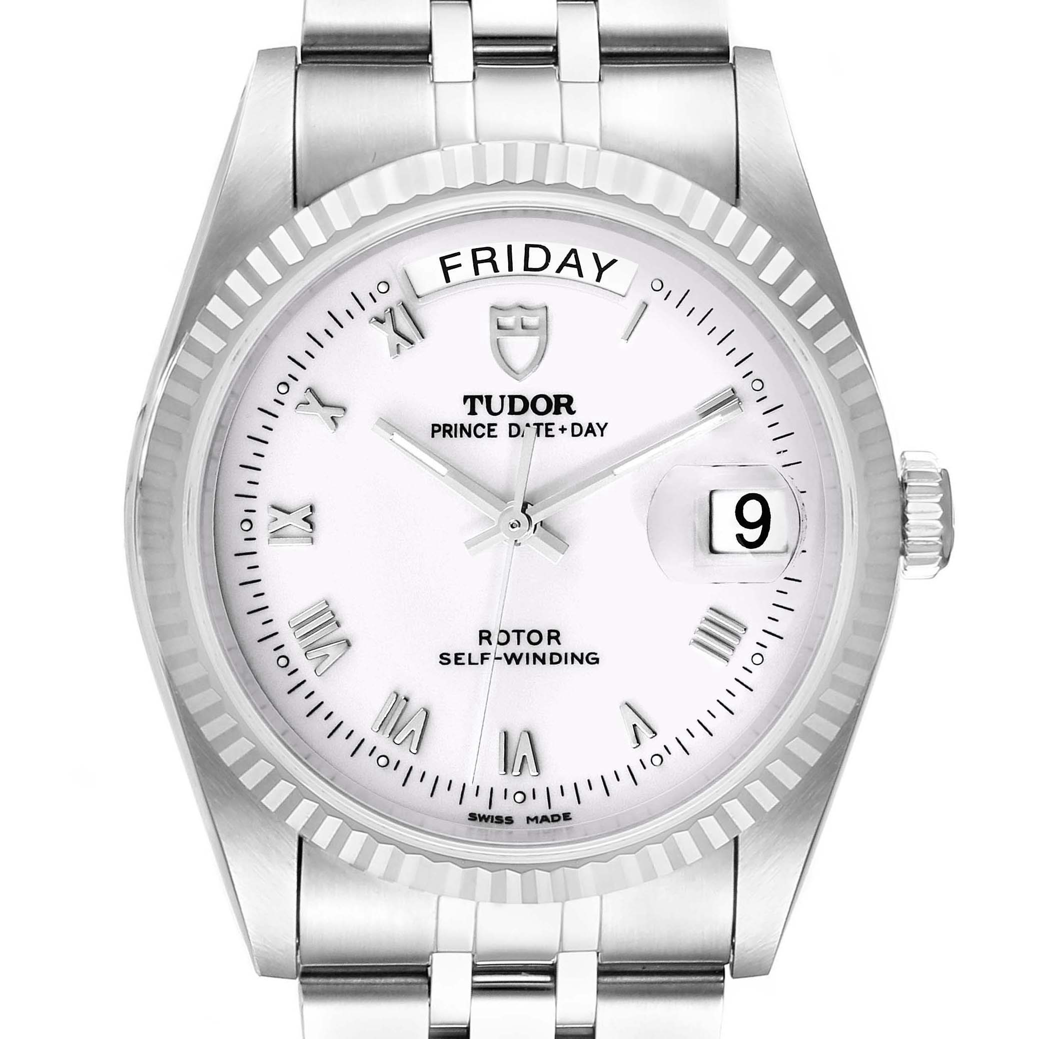 This image shows a frontal view of the Tudor Prince 76214 Men's Stainless Steel White Dial 76214 Men's Stainless Steel White Dial Date+Day watch, featuring the dial, bezel, and part of the bracelet.