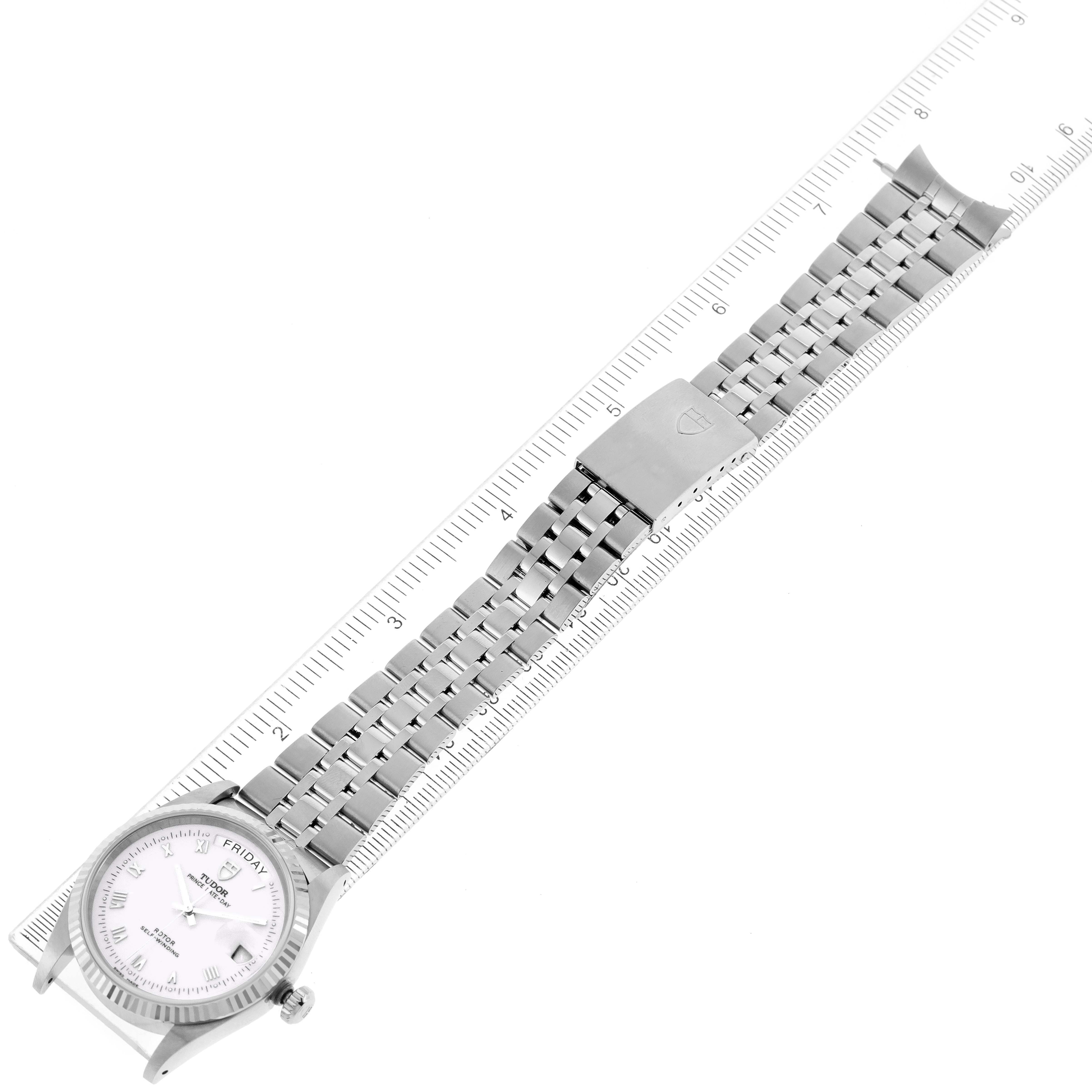 The image shows a top-down view of the Tudor Prince 76214 Men's Stainless Steel White Dial 76214 Men's Stainless Steel White Dial watch, highlighting its face and metal bracelet.