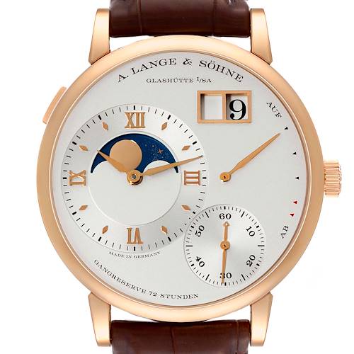 The watch face of the A. Lange & Sohne Lange 1 139.032 Men's Rose Gold Silver Dial model is shown, featuring time, moon phase, and power reserve indicators.