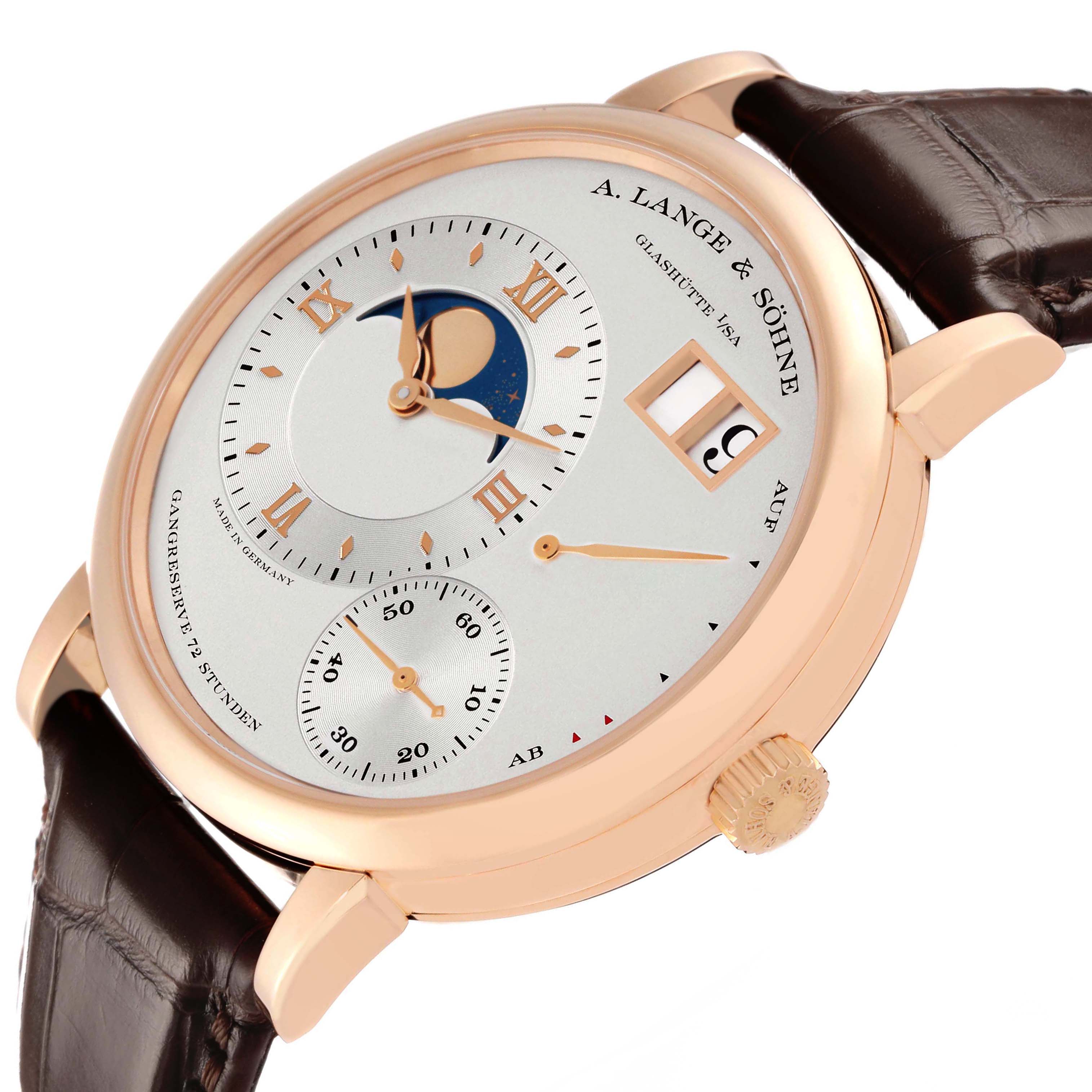 The A. Lange & Sohne Lange 1 139.032 Men's Rose Gold Silver Dial is shown at an oblique angle, highlighting its dial, moon phase display, and crown.