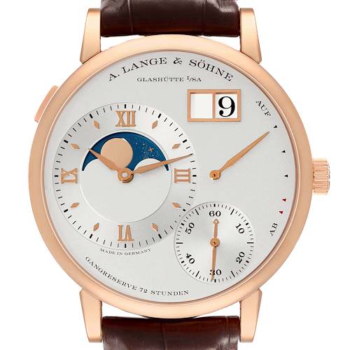 The A. Lange & Sohne Lange 1 139.032 Men's Rose Gold Silver Dial watch is shown from a front angle, highlighting the dial, subdials, and moon phase.