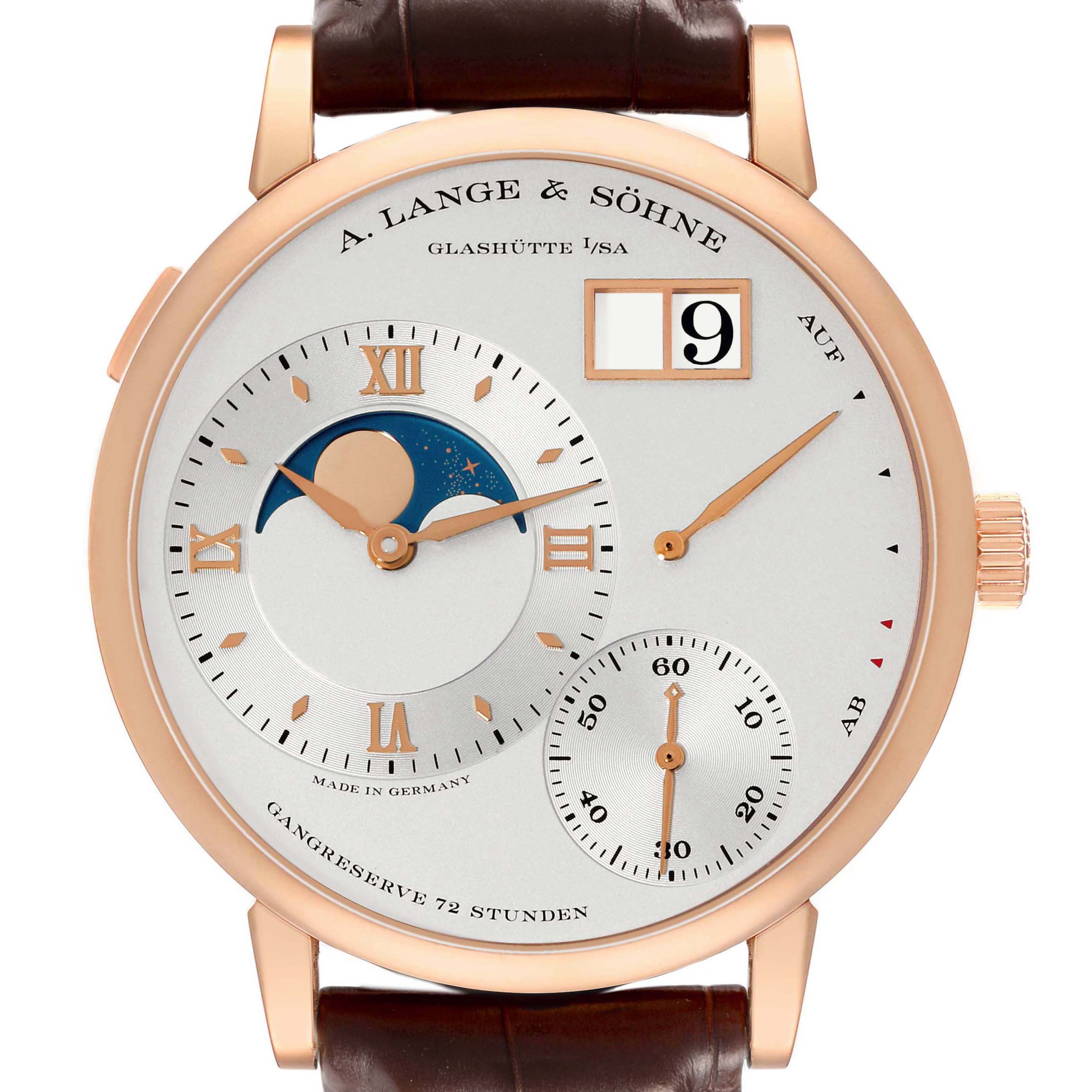 The A. Lange & Sohne Lange 1 139.032 Men's Rose Gold Silver Dial watch is shown from the front, featuring a moonphase, date, and subdials.