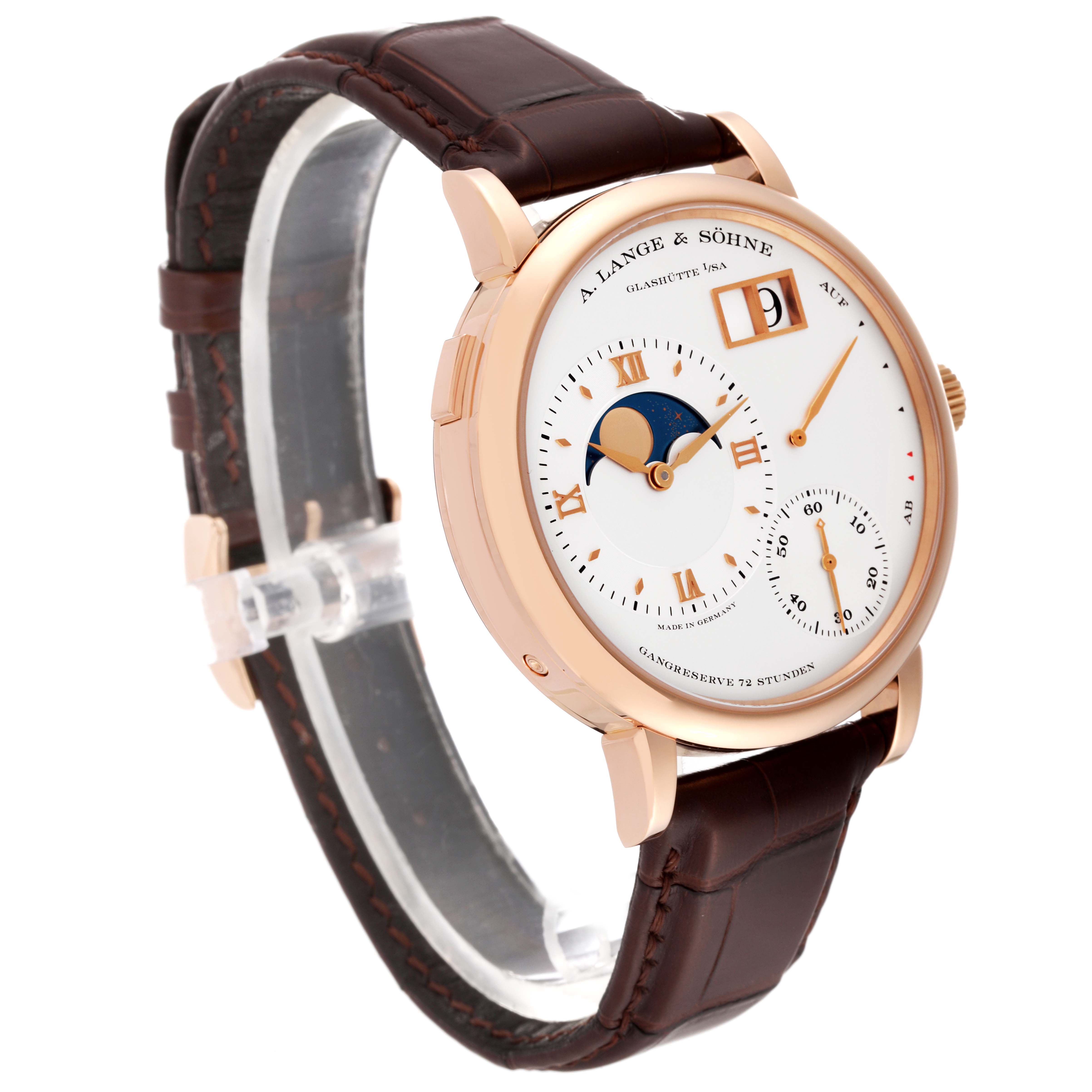 The image shows a side-angle view of the A. Lange & Sohne Lange 1 139.032 Men's Rose Gold Silver Dial watch, highlighting the dial, strap, and crown.