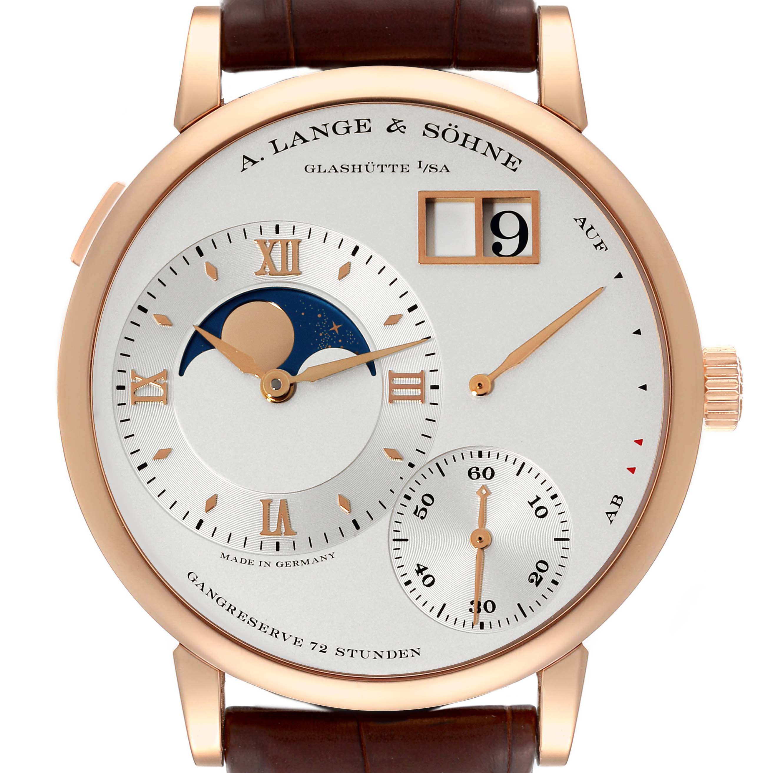 The image shows a front view of the Lange 1 model watch by A. Lange & Söhne, displaying its dial and strap.