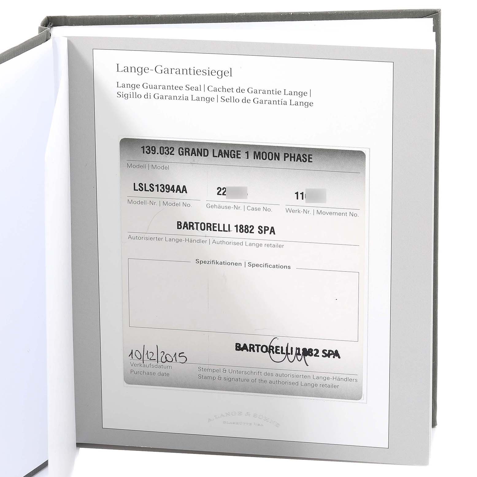 This image shows the warranty certificate for the A. Lange & Sohne Lange 1 139.032 Men's Rose Gold Silver Dial model watch.