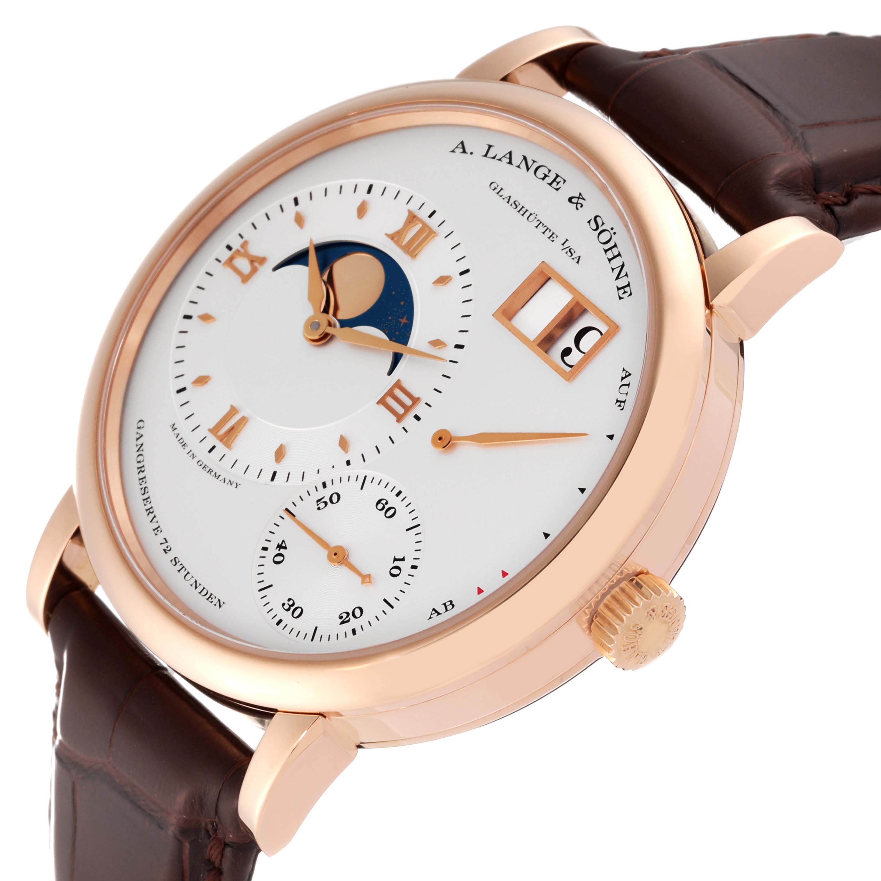 The image shows a side angle of the A. Lange & Sohne Lange 1 139.032 Men's Rose Gold Silver Dial watch, highlighting the dial, moon phase, date, and crown.