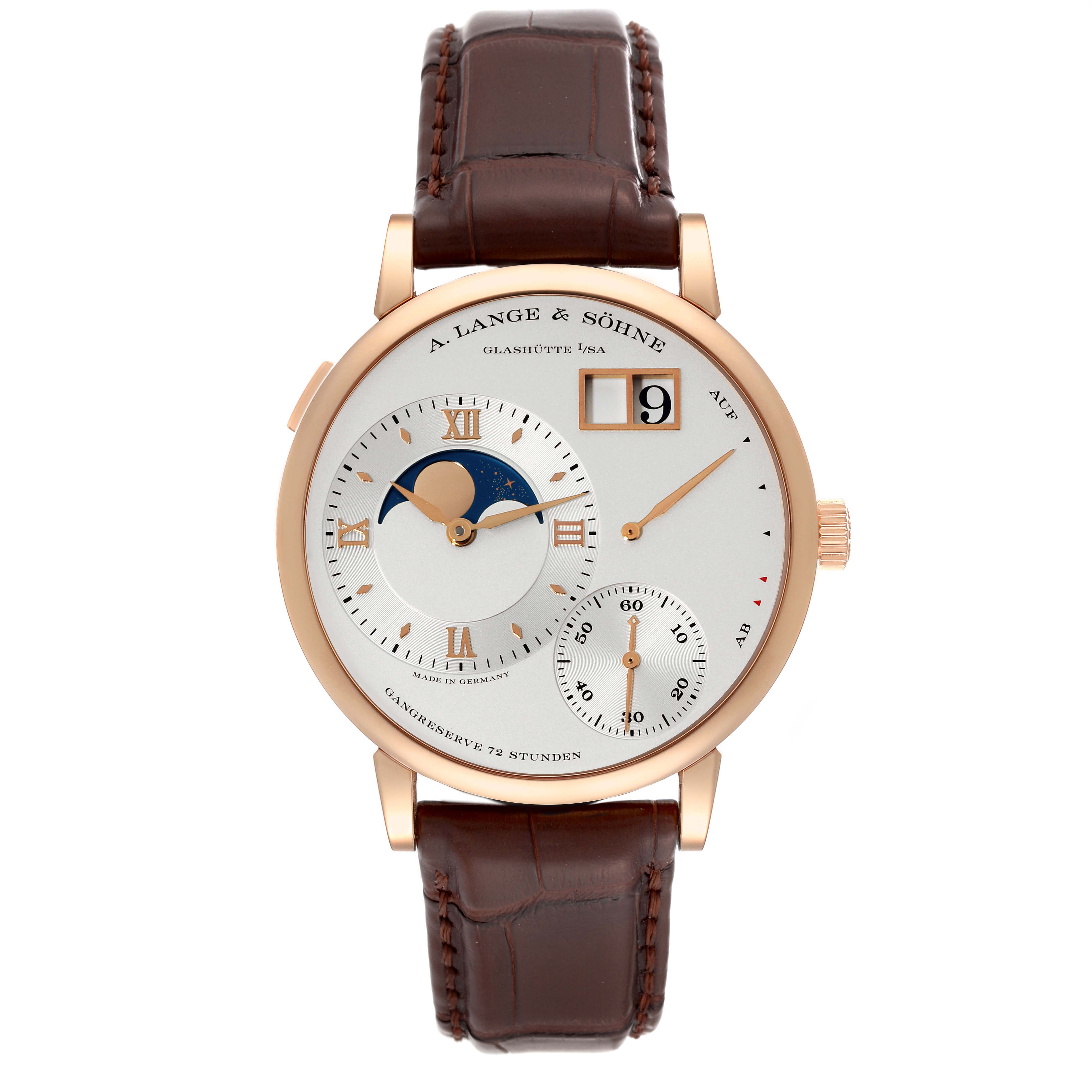 The image shows a front view of a Lange 1 watch by A. Lange & Söhne, featuring the dial, hands, and leather strap.