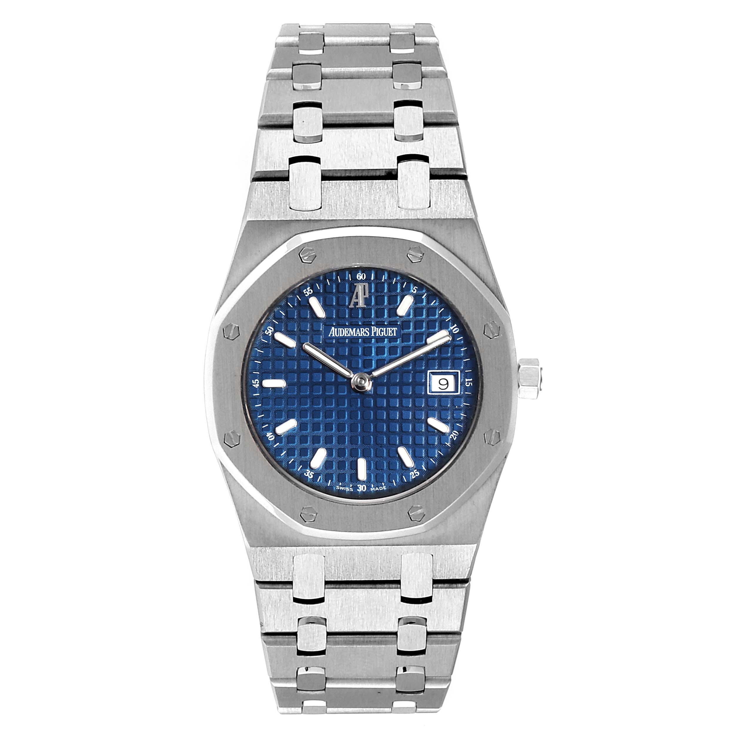 This image shows the front view of an Audemars Piguet Royal Oak 57175ST.OO.0789ST.03 Women
s Stainless Steel Blue Dial 57175ST.OO.0789ST.03 Women
s Stainless Steel Blue Dial watch, displaying its blue dial, date function, and stainless steel bracelet.