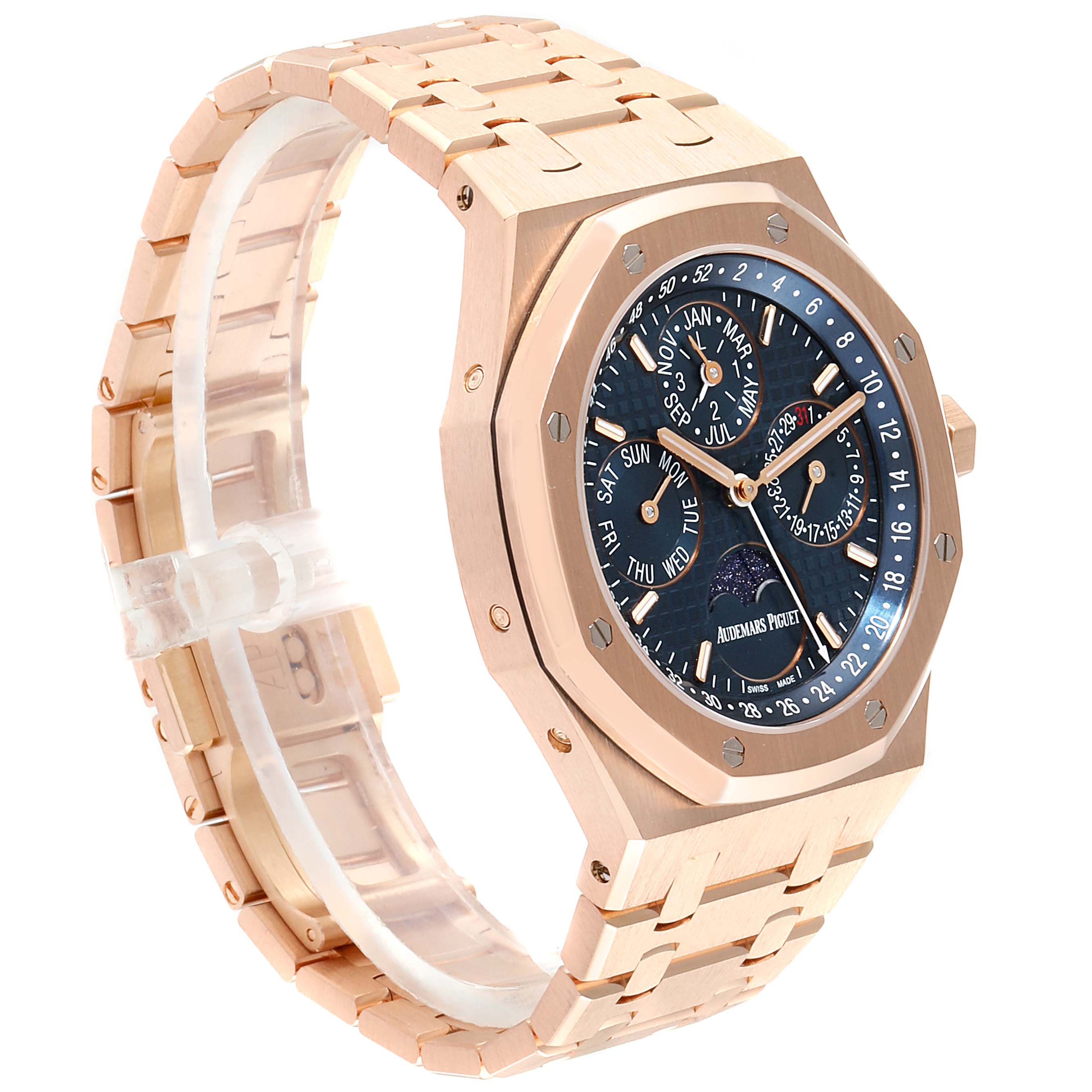 This image shows an angled view of the Audemars Piguet Royal Oak 26574OR.OO.1220OR.02  Men's Rose Gold Blue Dial 26574OR.OO.1220OR.02  Men's Rose Gold Blue Dial watch, highlighting its rose gold case and bracelet with a blue dial.