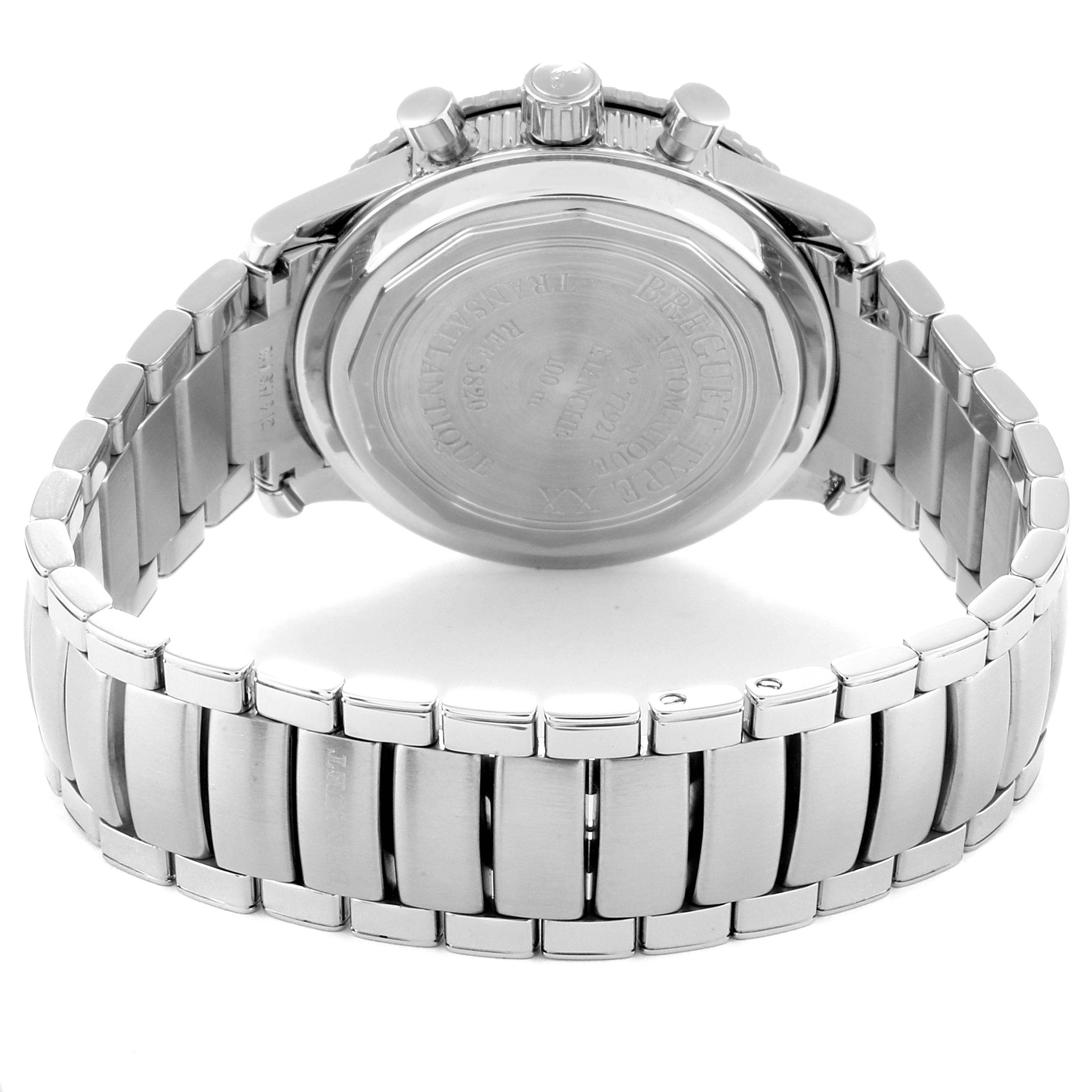 This image shows the back view and bracelet of a Breguet Type XX - XXI - XXII 3820ST/H2/SW9 Men's Stainless Steel Black Dial 3820ST/H2/SW9 Men's Stainless Steel Black Dial watch.
