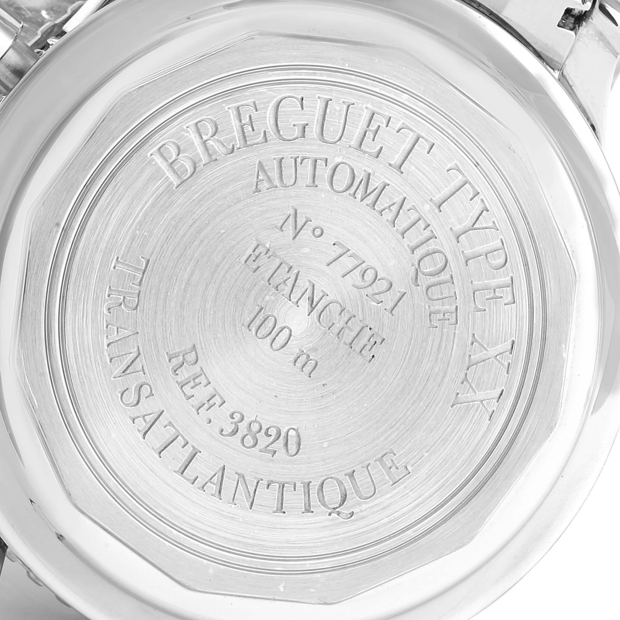 The image shows the case back of a Breguet Type XX - XXI - XXII 3820ST/H2/SW9 Men's Stainless Steel Black Dial 3820ST/H2/SW9 Men's Stainless Steel Black Dial watch, featuring engravings and model details.