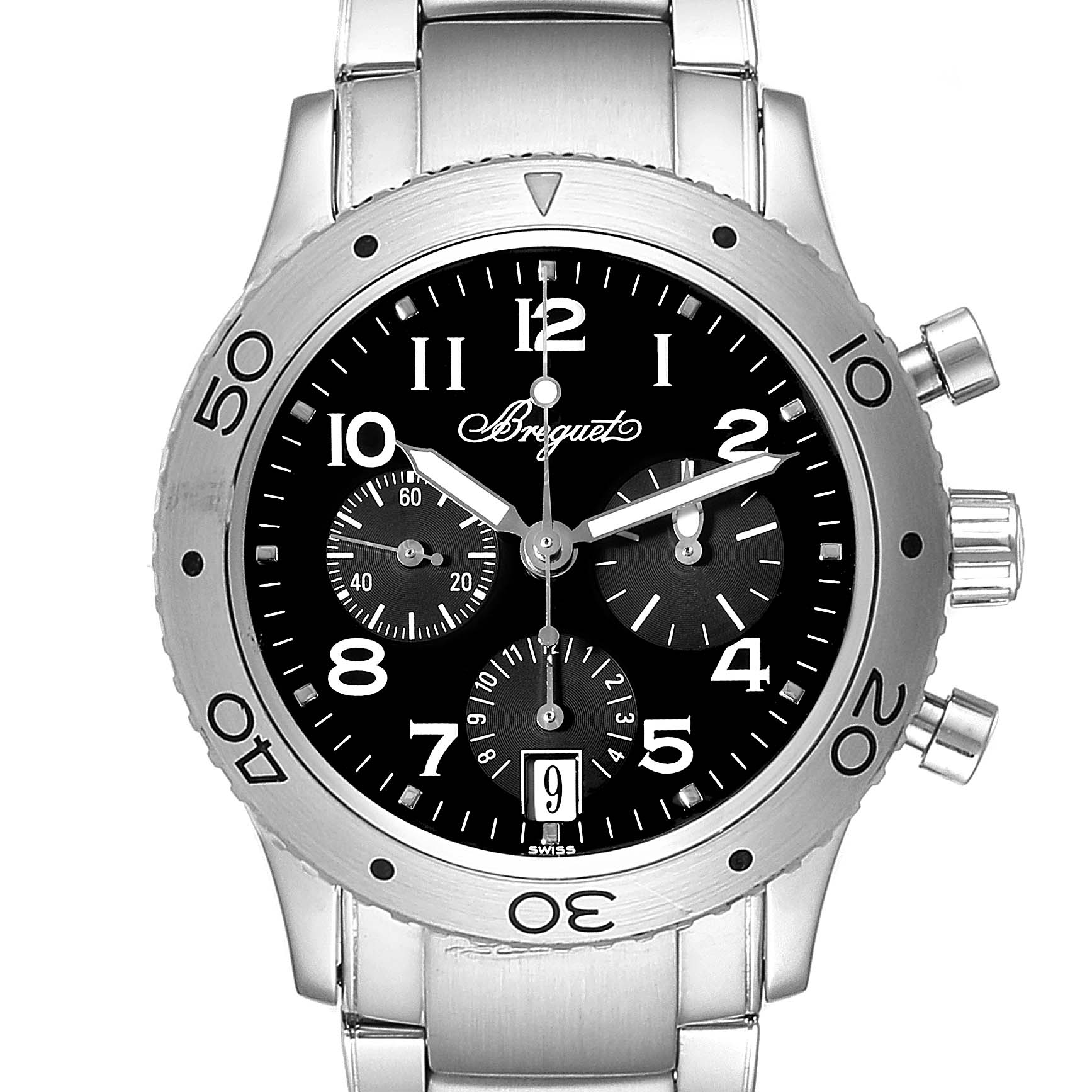 This Breguet Type XX - XXI - XXII 3820ST/H2/SW9 Men's Stainless Steel Black Dial 3820ST/H2/SW9 Men's Stainless Steel Black Dial watch is shown from the front, highlighting the face, bezel, and chronograph pushers.