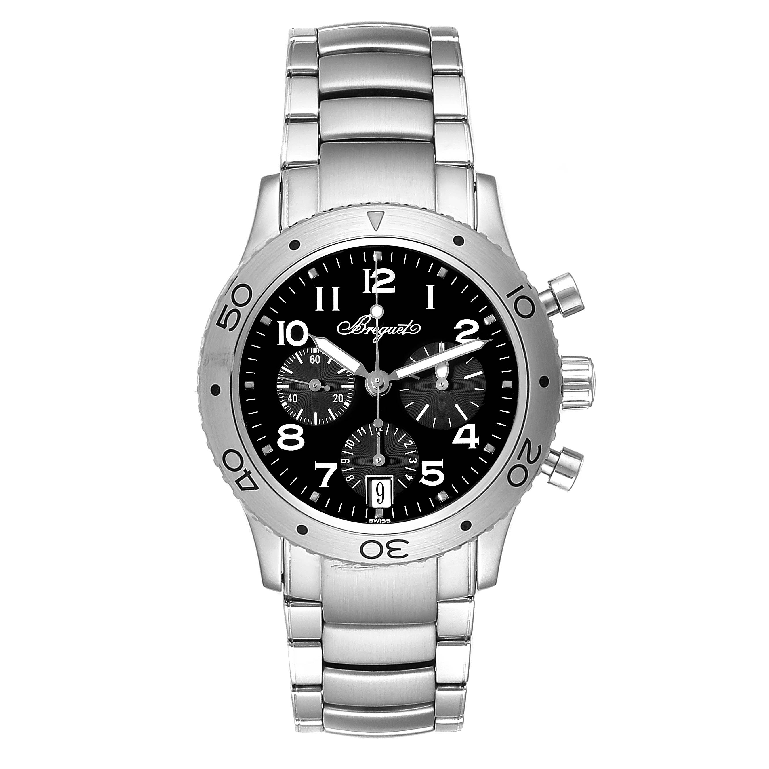 This image shows a frontal view of the Breguet Type XX - XXI - XXII 3820ST/H2/SW9 Men's Stainless Steel Black Dial 3820ST/H2/SW9 Men's Stainless Steel Black Dial watch, featuring its face, bezel, and metal strap.