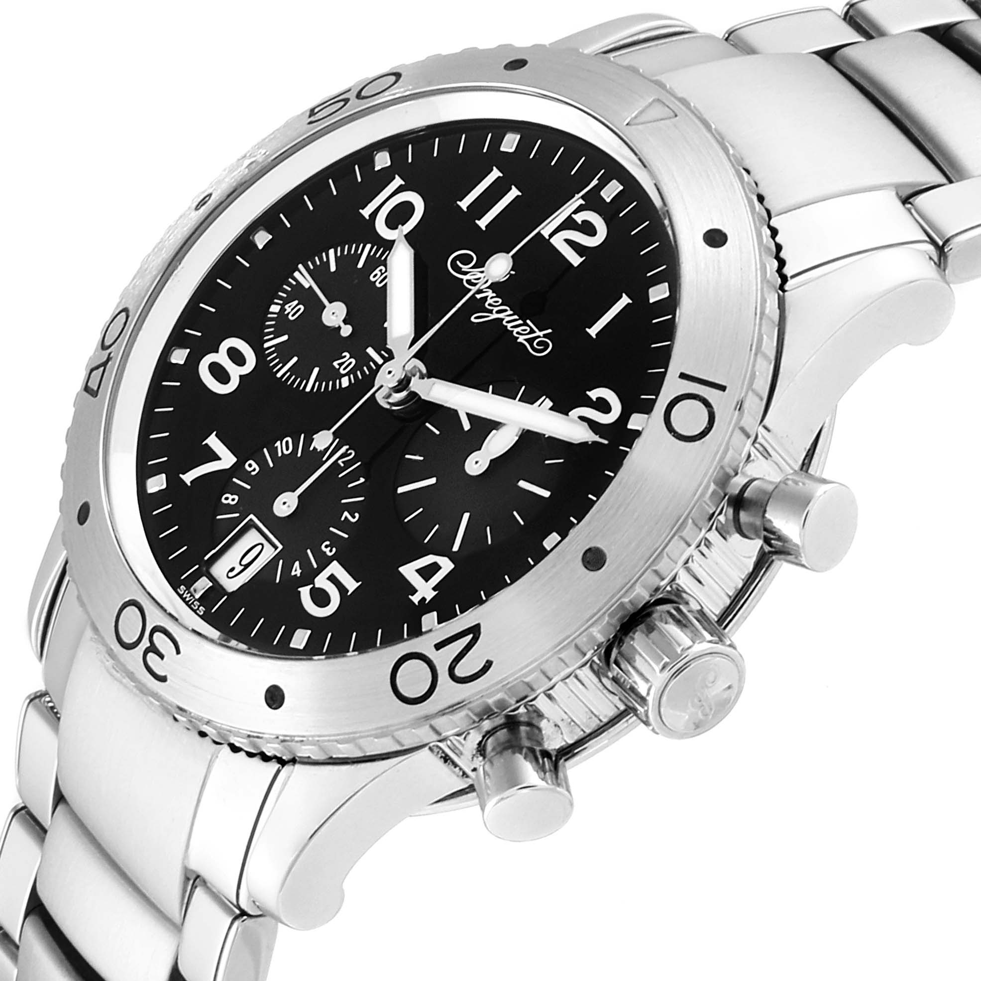 The Breguet Type XX - XXI - XXII 3820ST/H2/SW9 Men's Stainless Steel Black Dial 3820ST/H2/SW9 Men's Stainless Steel Black Dial watch is shown at a three-quarter angle, displaying its face, bezel, chronograph pushers, and part of the bracelet.
