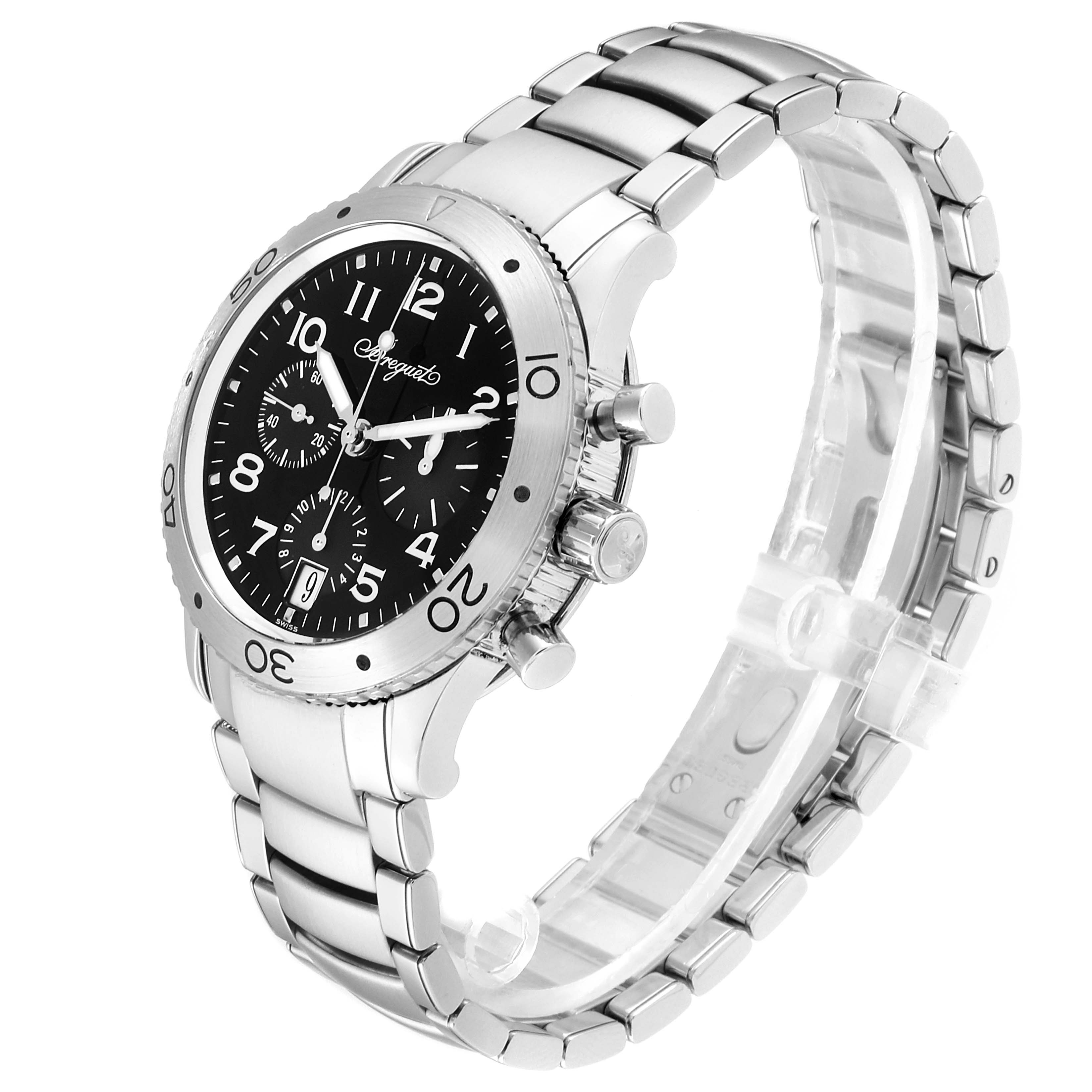 This Breguet Type XX - XXI - XXII 3820ST/H2/SW9 Men's Stainless Steel Black Dial 3820ST/H2/SW9 Men's Stainless Steel Black Dial model watch is shown at a three-quarter angle, displaying its stainless steel case, bezel, and bracelet.