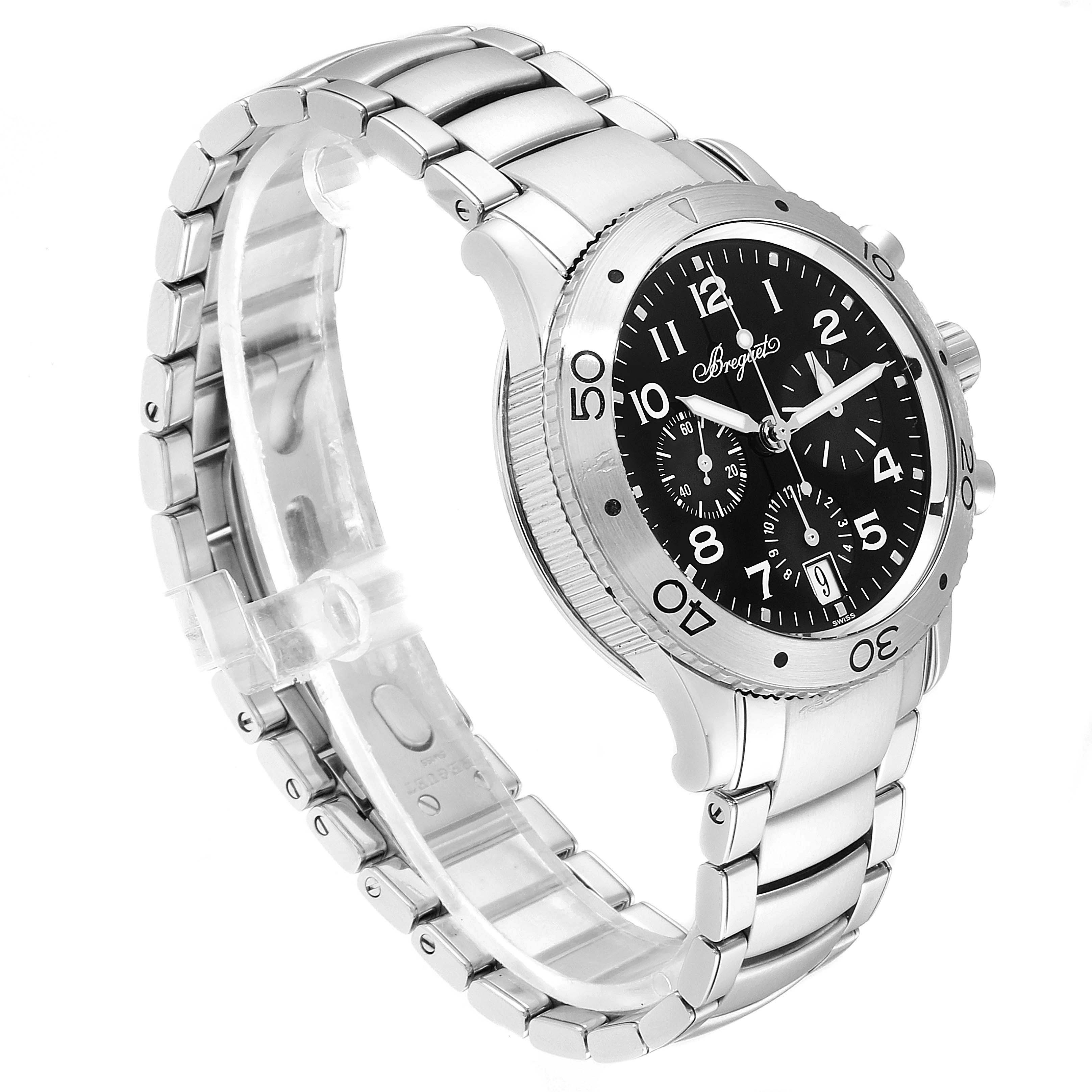 This Breguet Type XX - XXI - XXII 3820ST/H2/SW9 Men's Stainless Steel Black Dial 3820ST/H2/SW9 Men's Stainless Steel Black Dial watch is shown at a three-quarters angle, highlighting its stainless steel case, bezel, and bracelet.