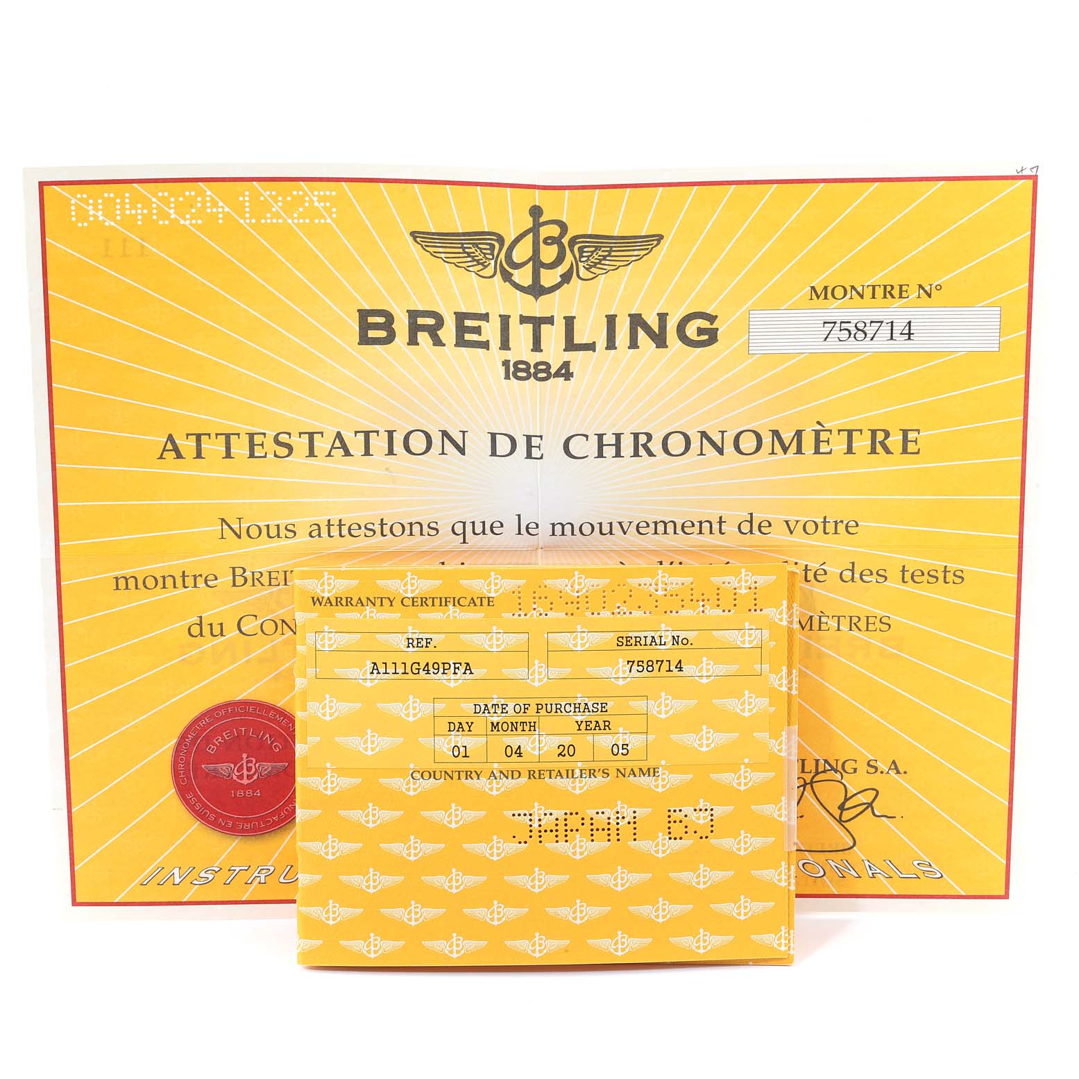The image shows the warranty certificate and chronometer attestation documents for a Breitling Superocean A13340 Men's Stainless Steel Beige Dial A13340 Men's Stainless Steel Beige Dial watch.