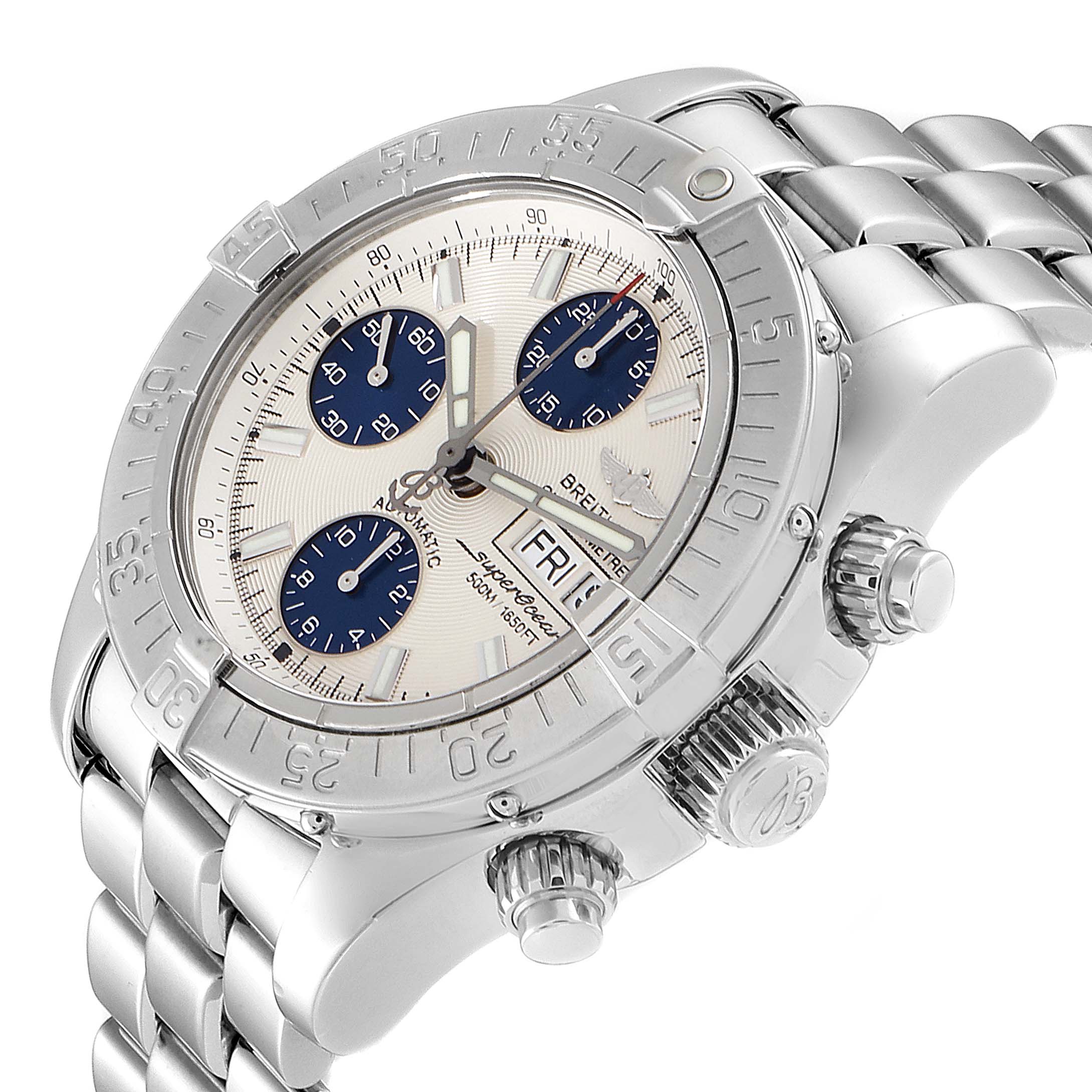 This Breitling Superocean A13340 Men's Stainless Steel Beige Dial A13340 Men's Stainless Steel Beige Dial watch is shown from an oblique angle, highlighting its bezel, dial, chronograph, and bracelet.