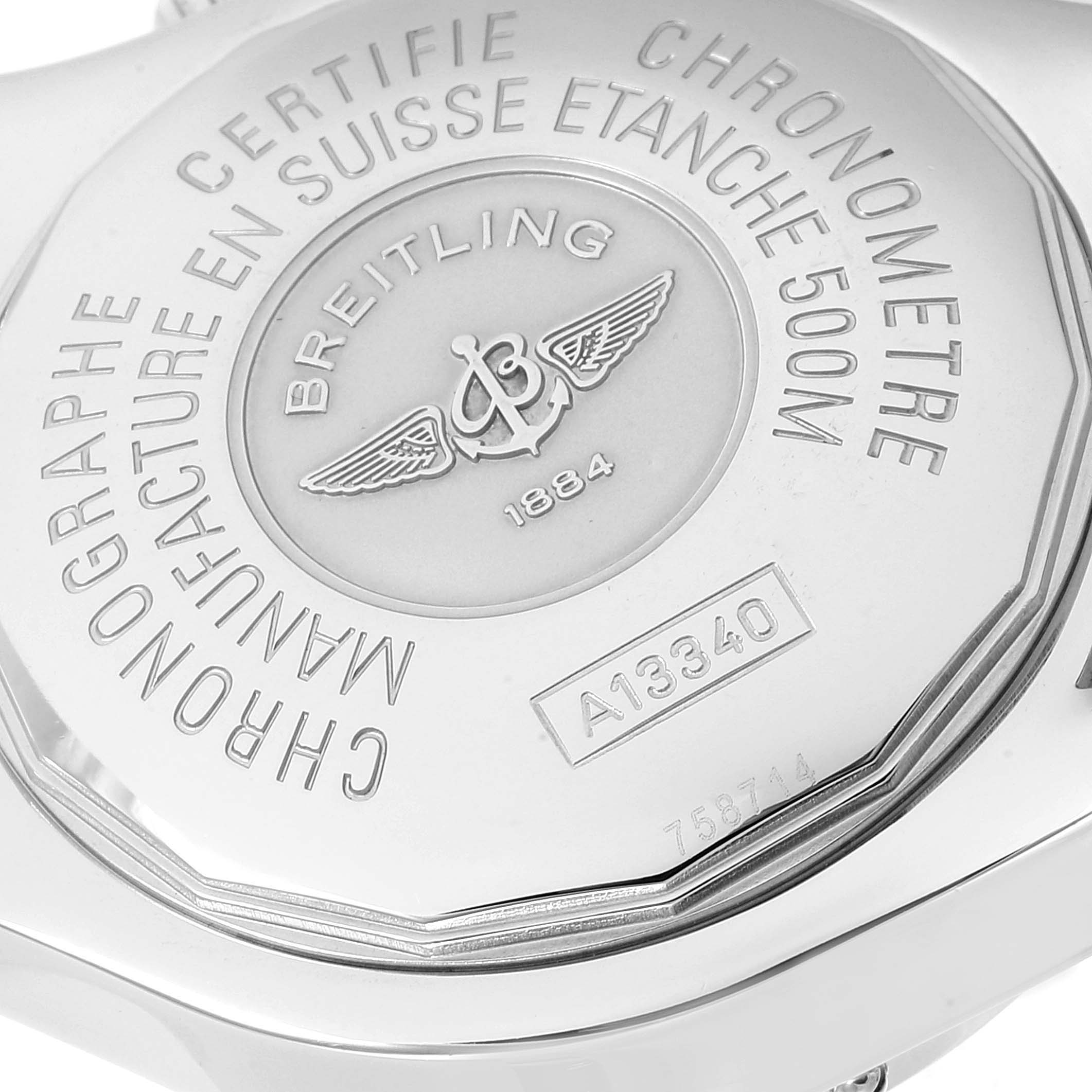 The image shows the back case of the Breitling Superocean A13340 Men's Stainless Steel Beige Dial A13340 Men's Stainless Steel Beige Dial watch, highlighting the engravings and model number.