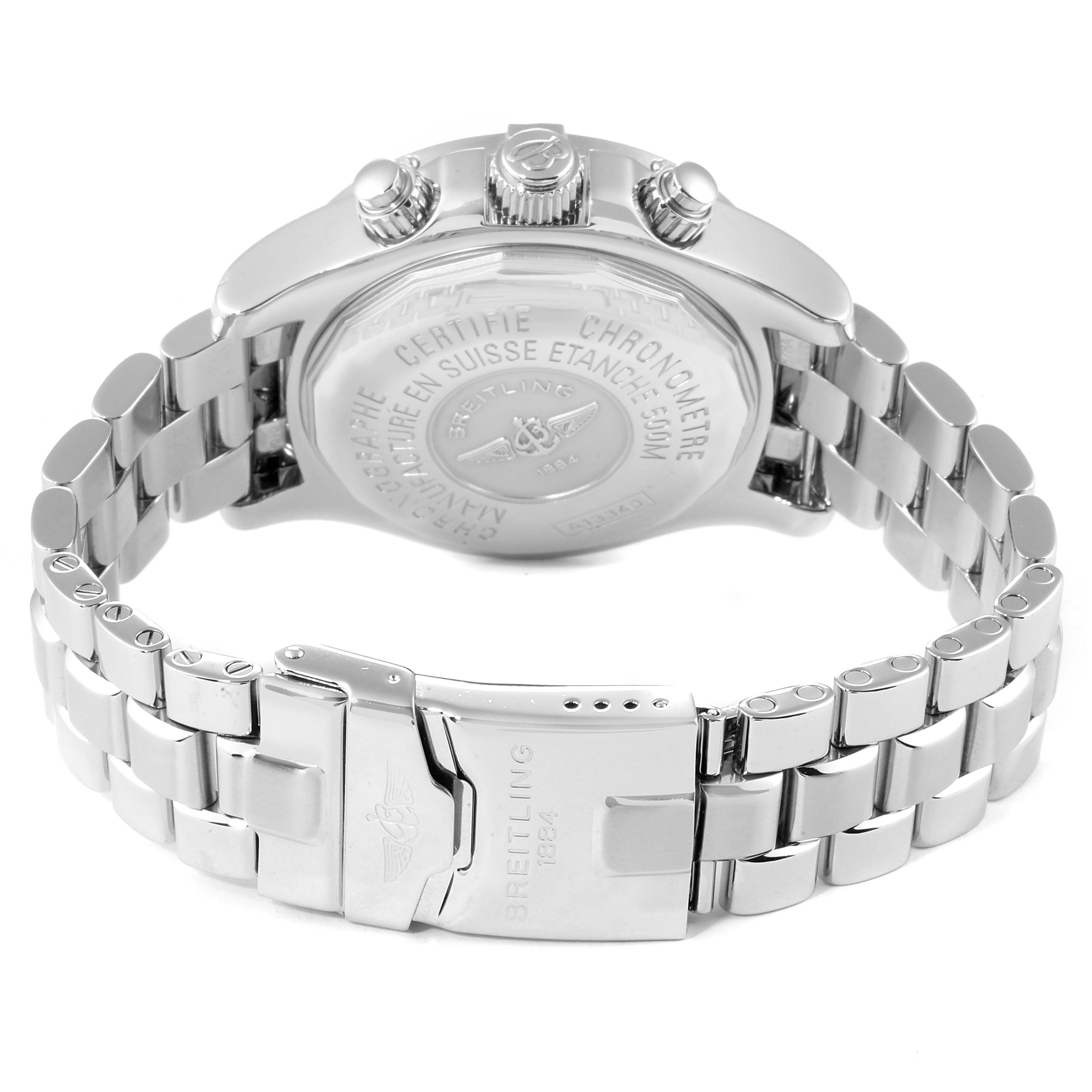 This image shows the back view of the Breitling Superocean A13340 Men's Stainless Steel Beige Dial A13340 Men's Stainless Steel Beige Dial watch, focusing on the case back and metal bracelet with clasp.