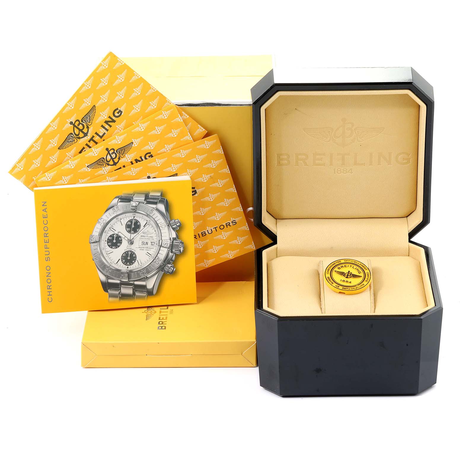 The image shows the packaging, box, and manuals of a Breitling Superocean A13340 Men's Stainless Steel Beige Dial A13340 Men's Stainless Steel Beige Dial watch, with the watch absent.