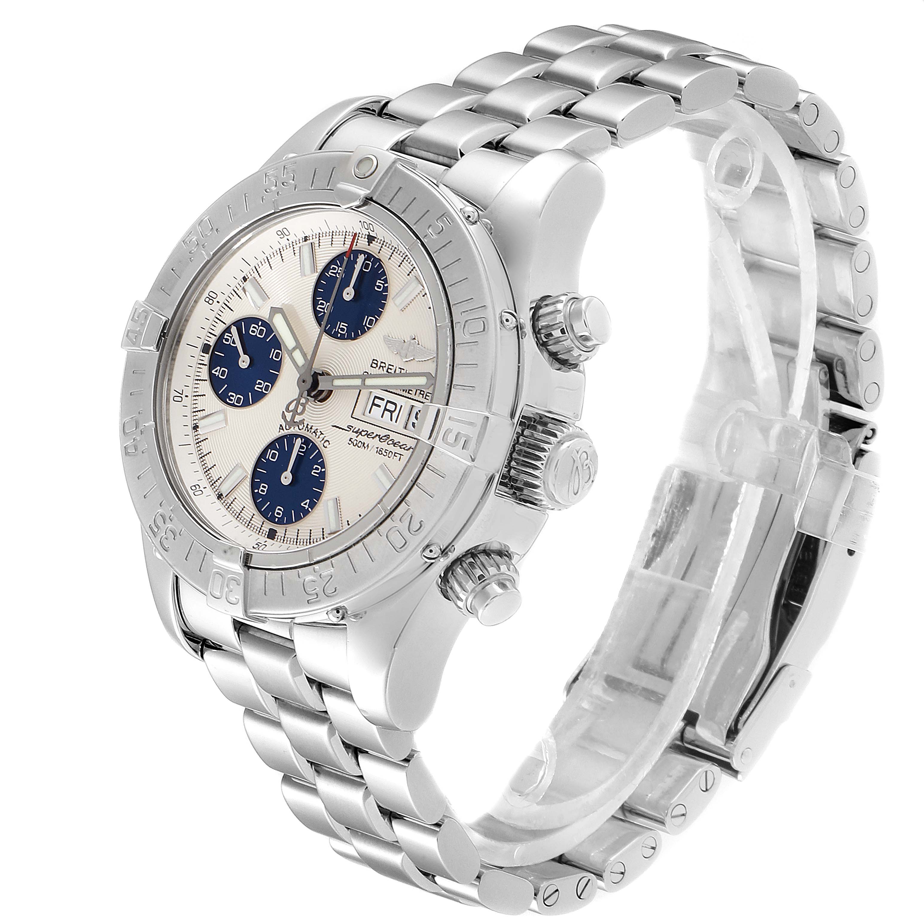 The image shows a Breitling Superocean A13340 Men's Stainless Steel Beige Dial A13340 Men's Stainless Steel Beige Dial watch from a three-quarter angle, highlighting its dial, bezel, and bracelet.