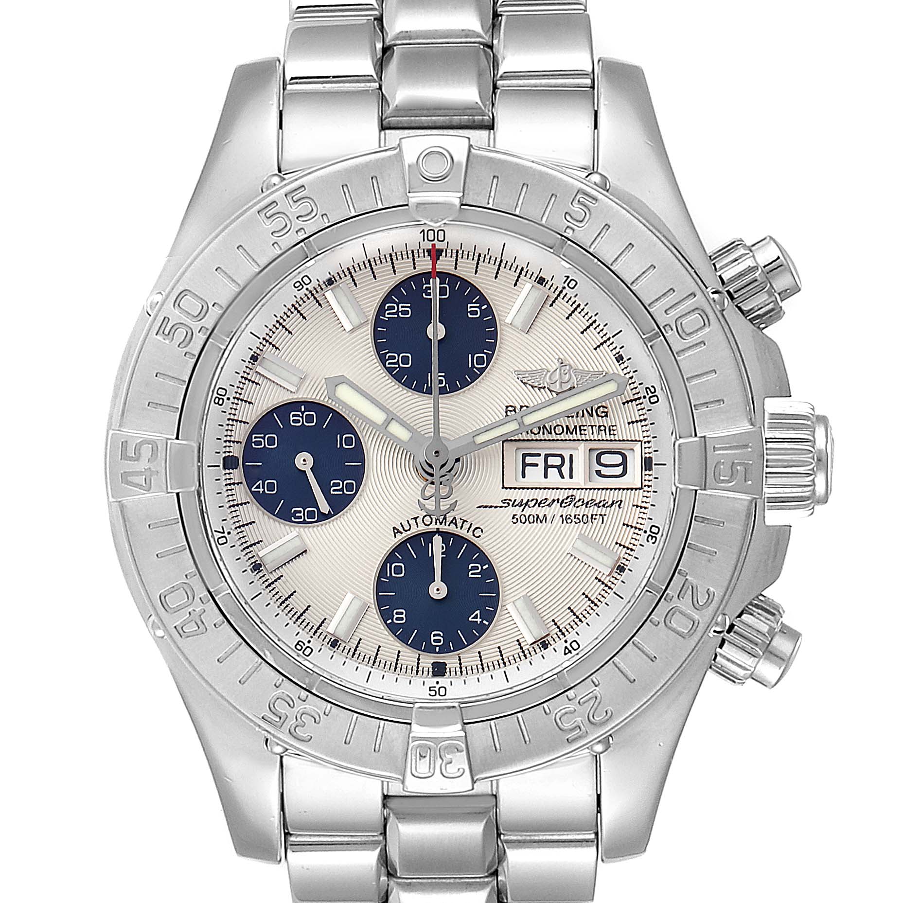 The image shows a front view of the Breitling Superocean A13340 Men's Stainless Steel Beige Dial A13340 Men's Stainless Steel Beige Dial watch, displaying the dial, bezel, and part of the metal bracelet.