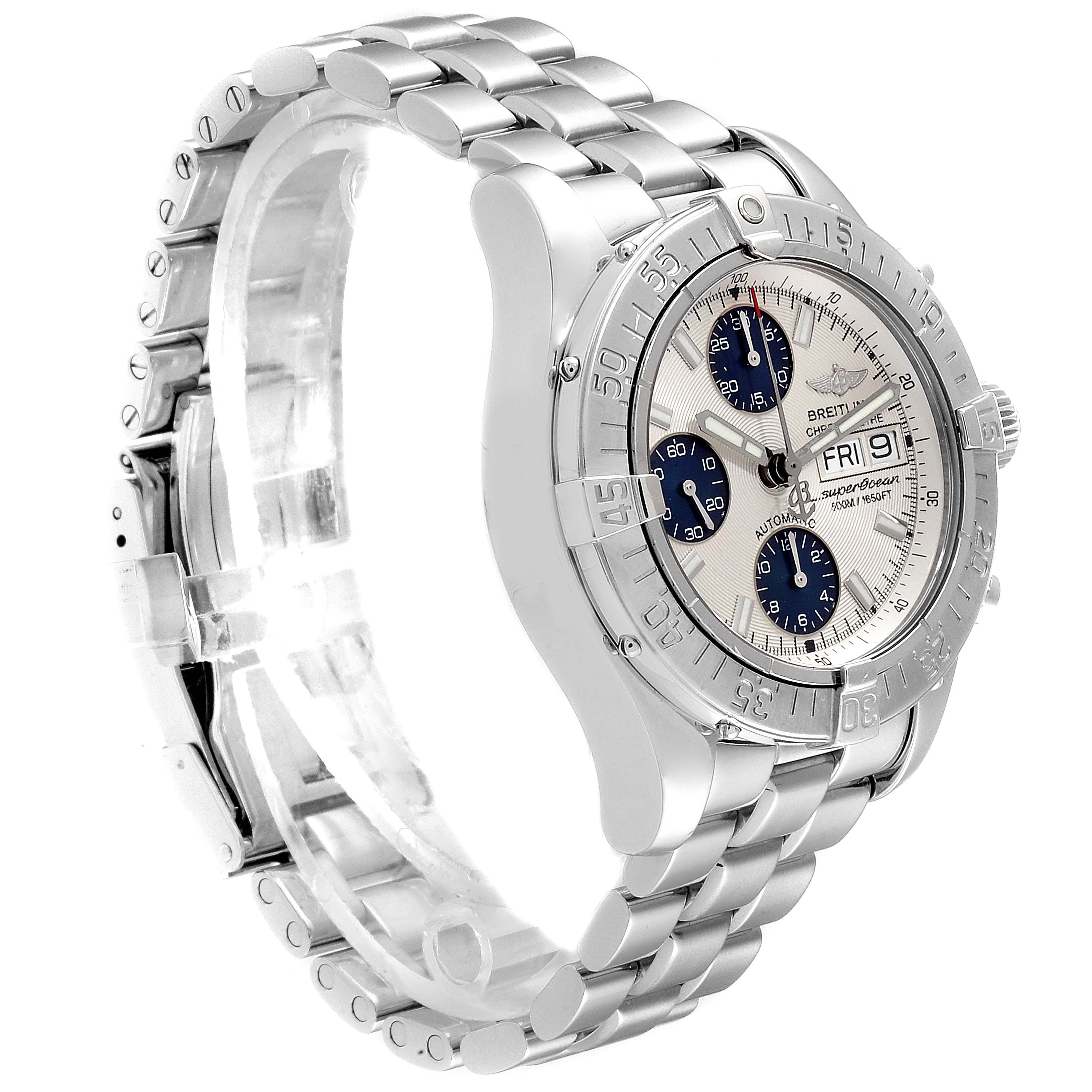 The Breitling Superocean A13340 Men's Stainless Steel Beige Dial A13340 Men's Stainless Steel Beige Dial watch is shown at a side angle highlighting the bezel, dial, and metal bracelet.