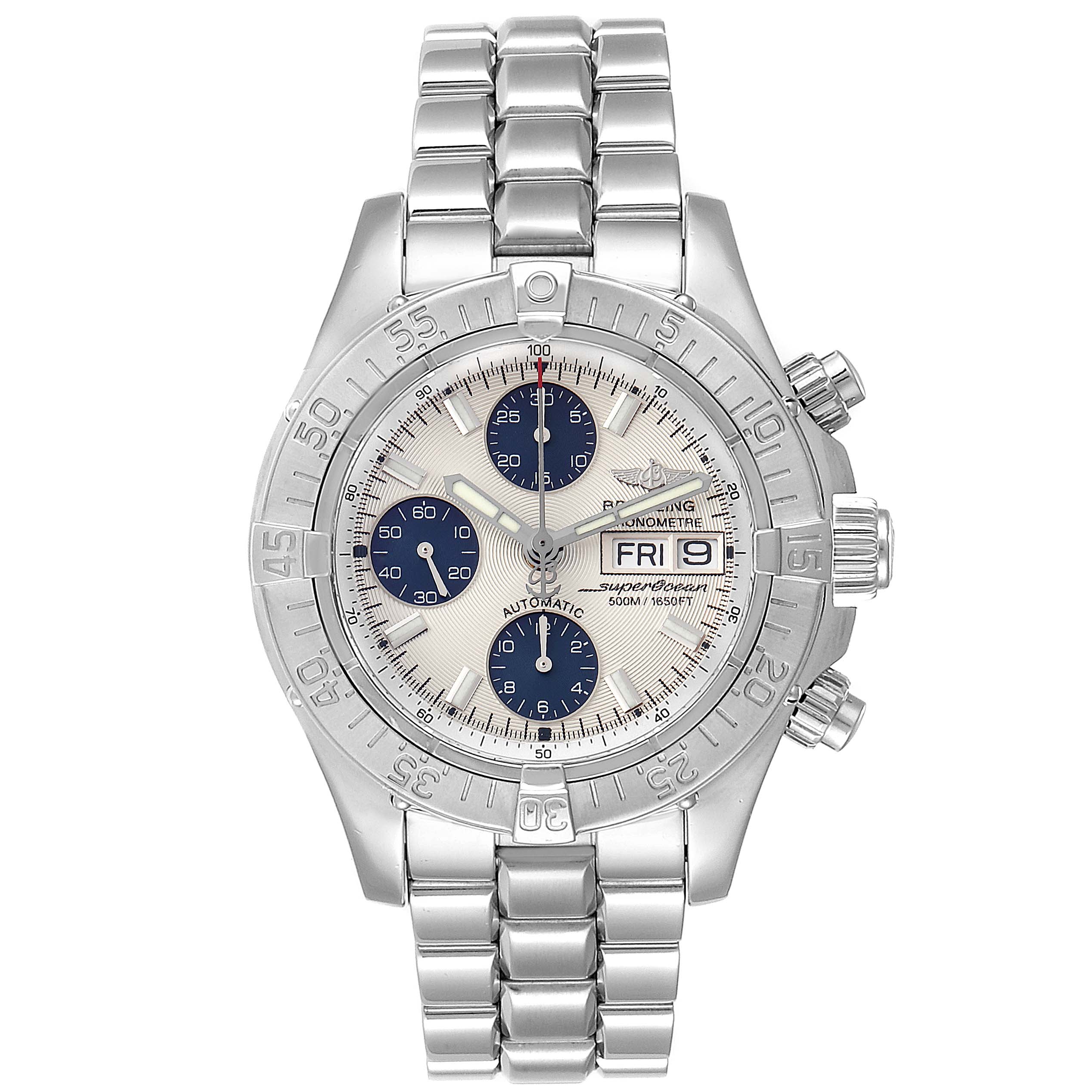 The image shows a front-facing view of a Breitling Superocean A13340 Men's Stainless Steel Beige Dial A13340 Men's Stainless Steel Beige Dial watch featuring a stainless steel bracelet and detailed watch face.