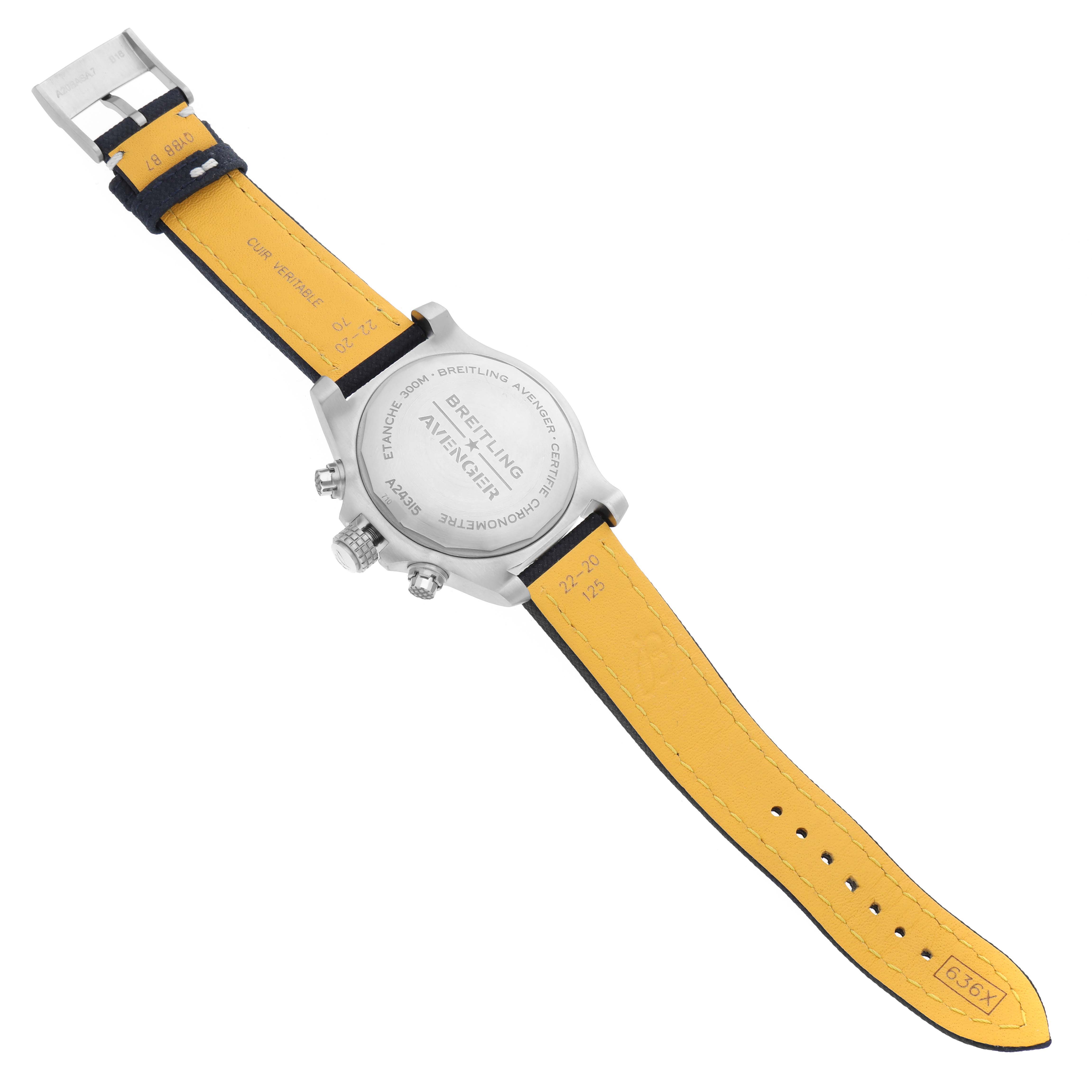 The image shows the back view of a Breitling Avenger A24315 Men's Stainless Steel Blue Dial A24315 Men's Stainless Steel Blue Dial watch with its case back, leather strap, and clasp visible.