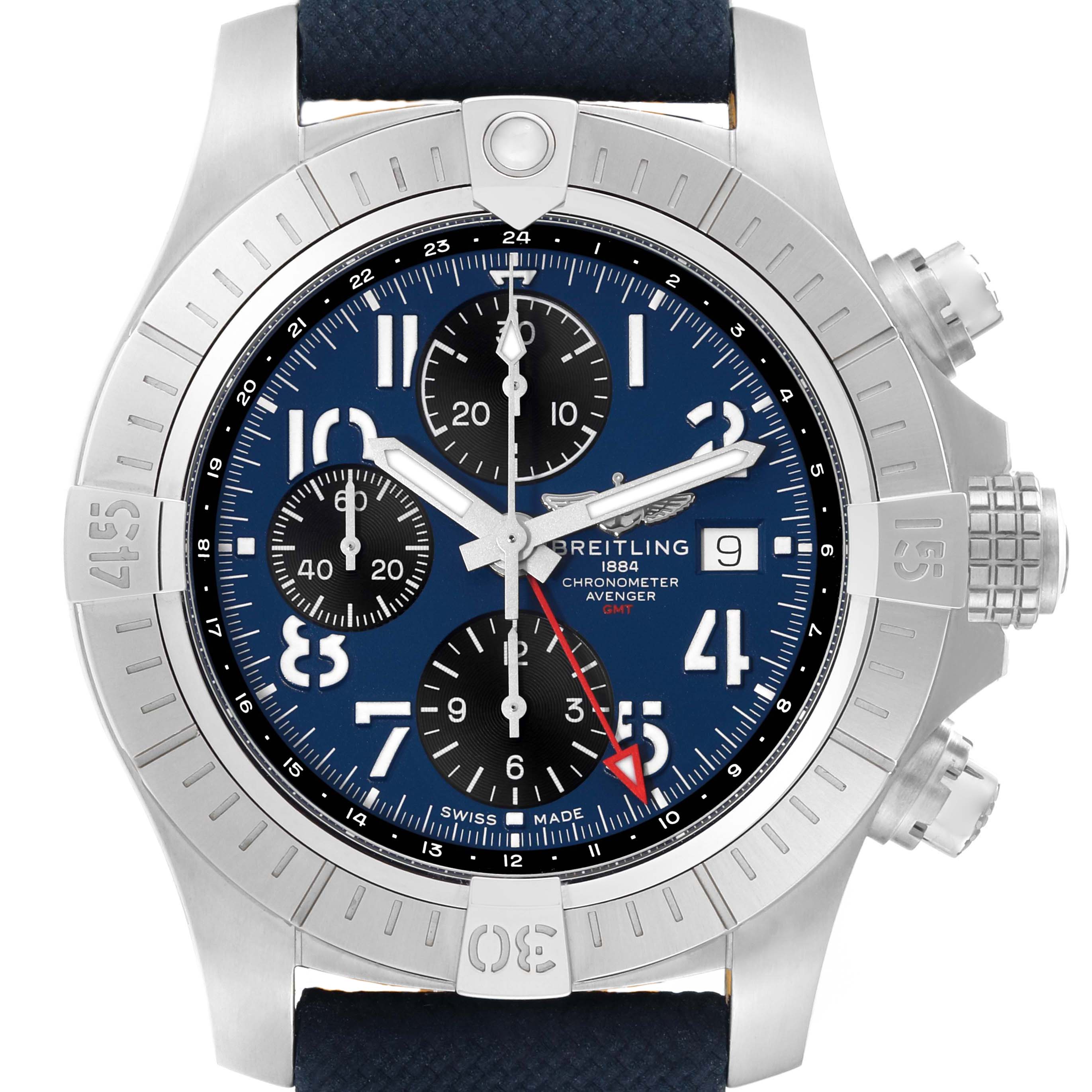 The Breitling Avenger A24315 Men's Stainless Steel Blue Dial watch is shown from the front, displaying the face, bezel, and part of the strap.