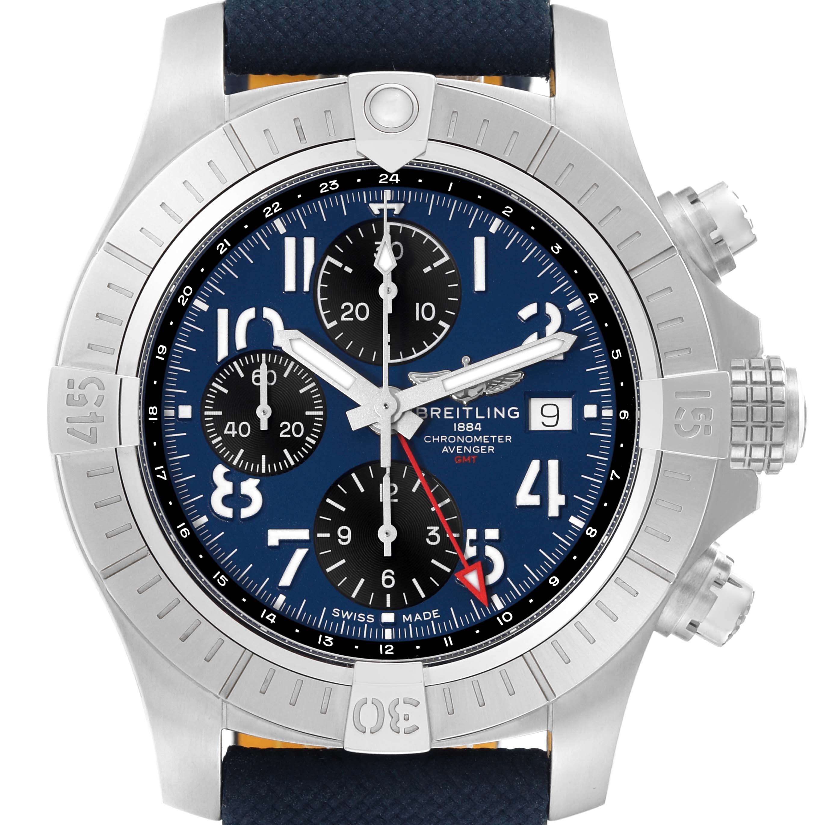 The image shows a front view of the Breitling Avenger A24315 Men's Stainless Steel Blue Dial A24315 Men's Stainless Steel Blue Dial watch, highlighting the dial, chronograph subdials, and bezel.