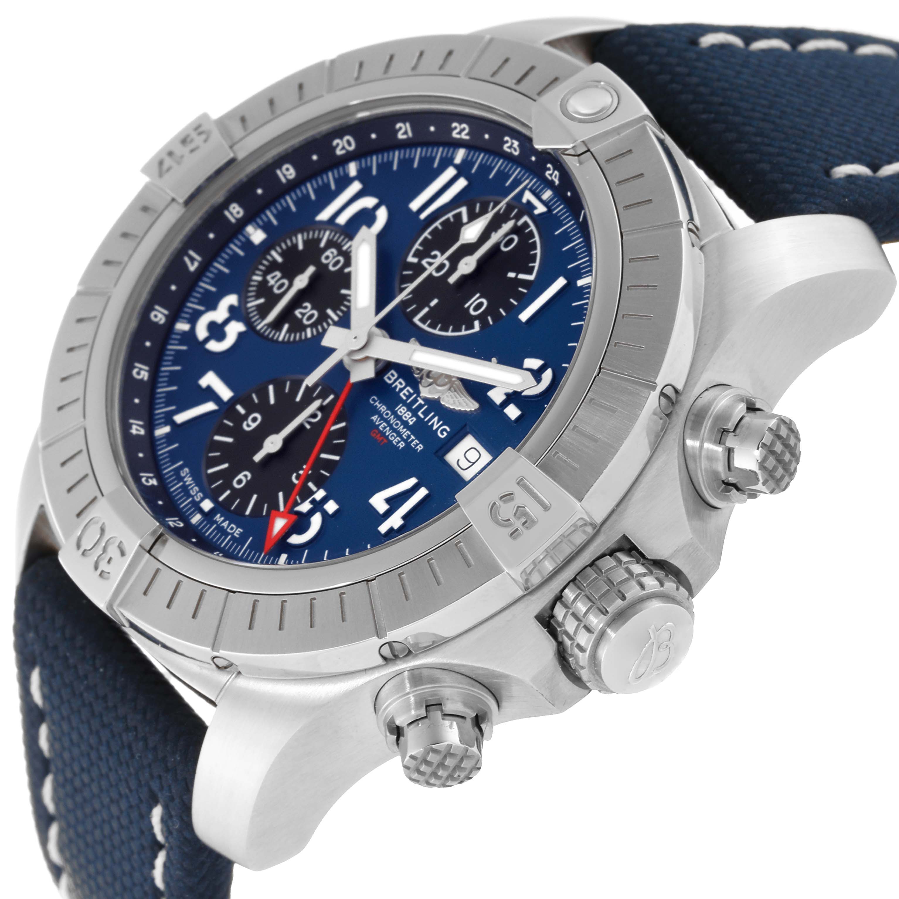 The Breitling Avenger A24315 Men's Stainless Steel Blue Dial A24315 Men's Stainless Steel Blue Dial watch is shown from an angled close-up, highlighting its dial, bezel, and pushers.
