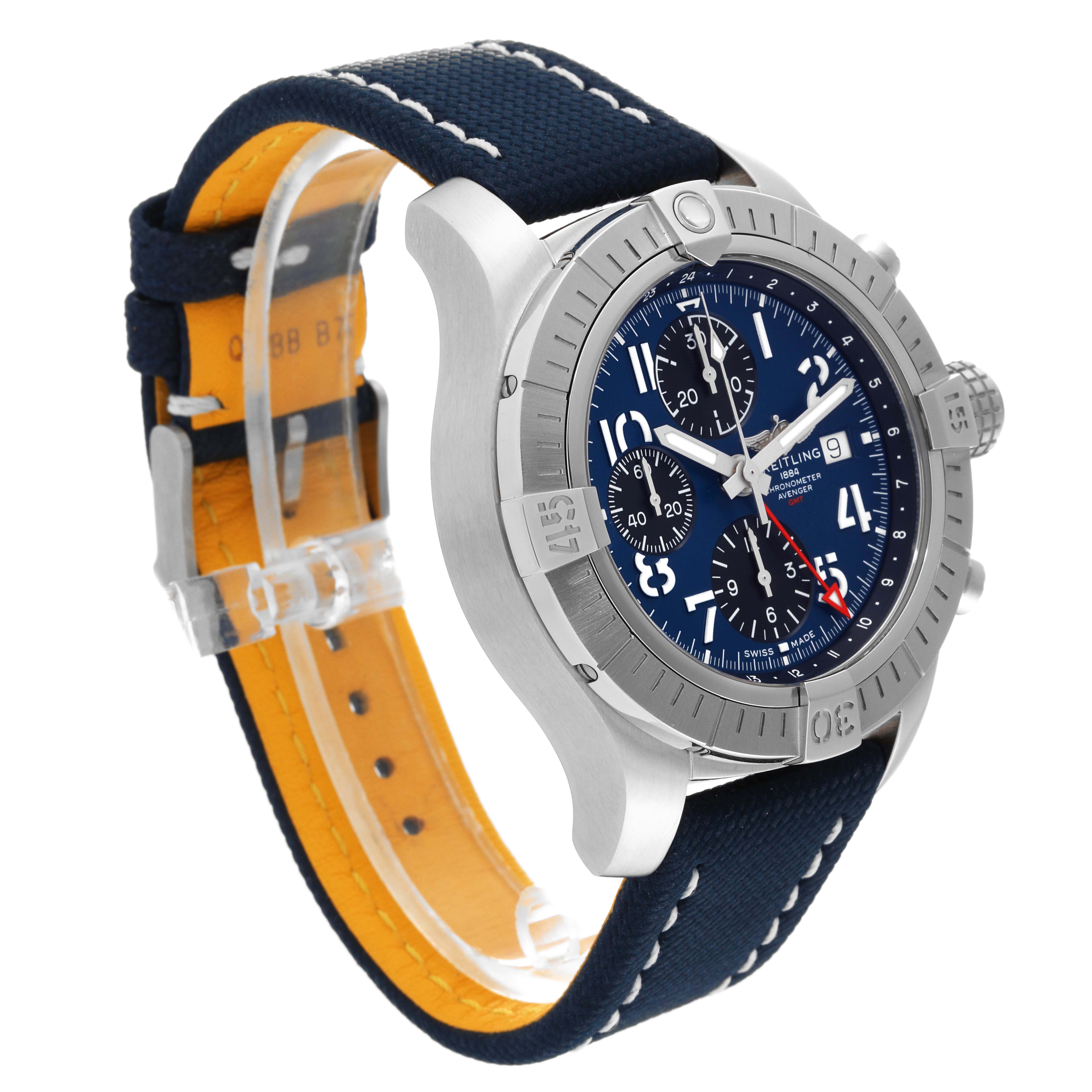 The image shows a side angle of a Breitling Avenger A24315 Men's Stainless Steel Blue Dial A24315 Men's Stainless Steel Blue Dial watch, highlighting its face, bezel, and strap.