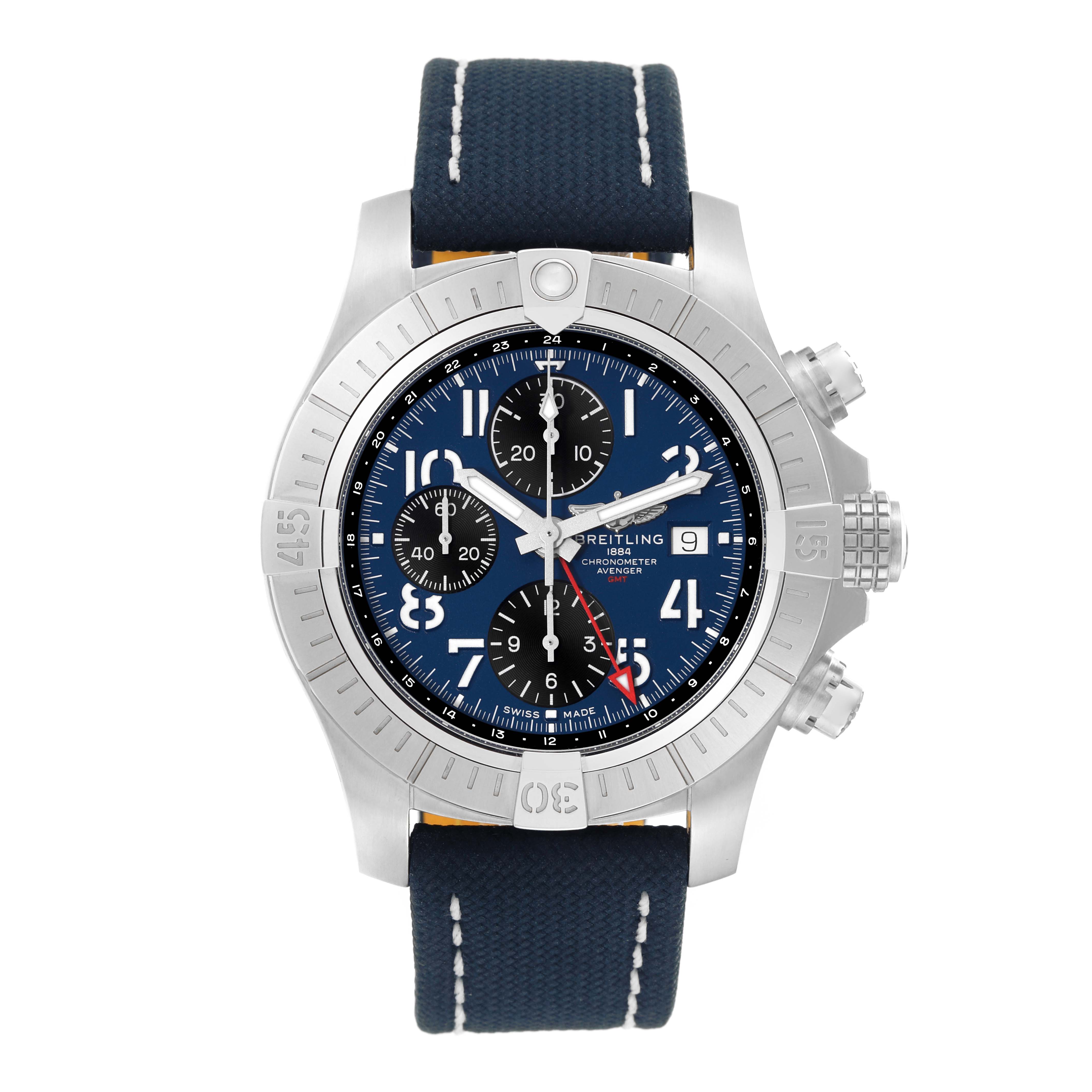 This is a front view of the Breitling Avenger A24315 Men's Stainless Steel Blue Dial A24315 Men's Stainless Steel Blue Dial watch, showing the dial, bezel, and strap.
