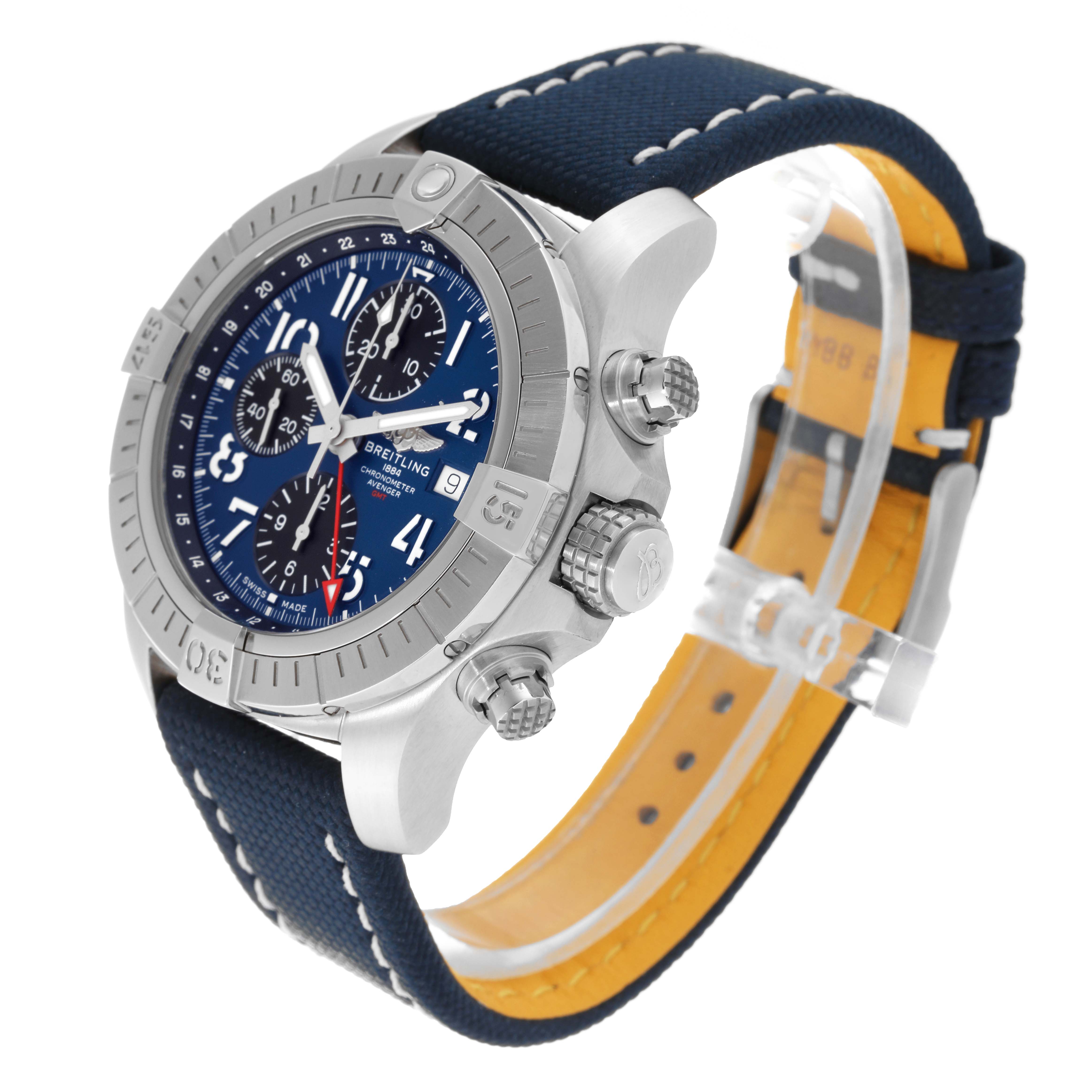 The image shows a side angle of the Breitling Avenger A24315 Men's Stainless Steel Blue Dial A24315 Men's Stainless Steel Blue Dial watch, highlighting its face, bezel, crown, pushers, and strap.