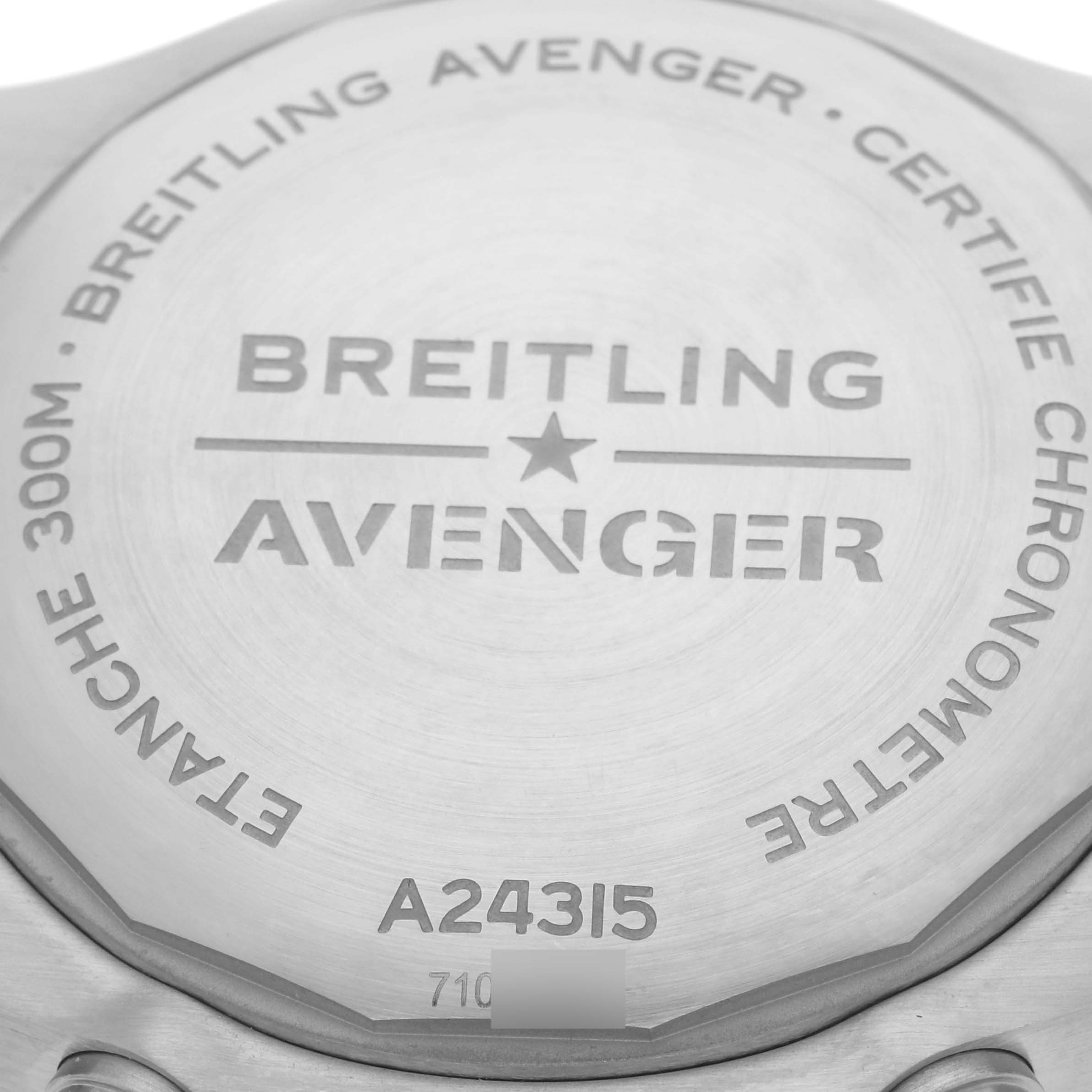 The image shows the case back of a Breitling Avenger A24315 Men's Stainless Steel Blue Dial A24315 Men's Stainless Steel Blue Dial watch with model number A24315.