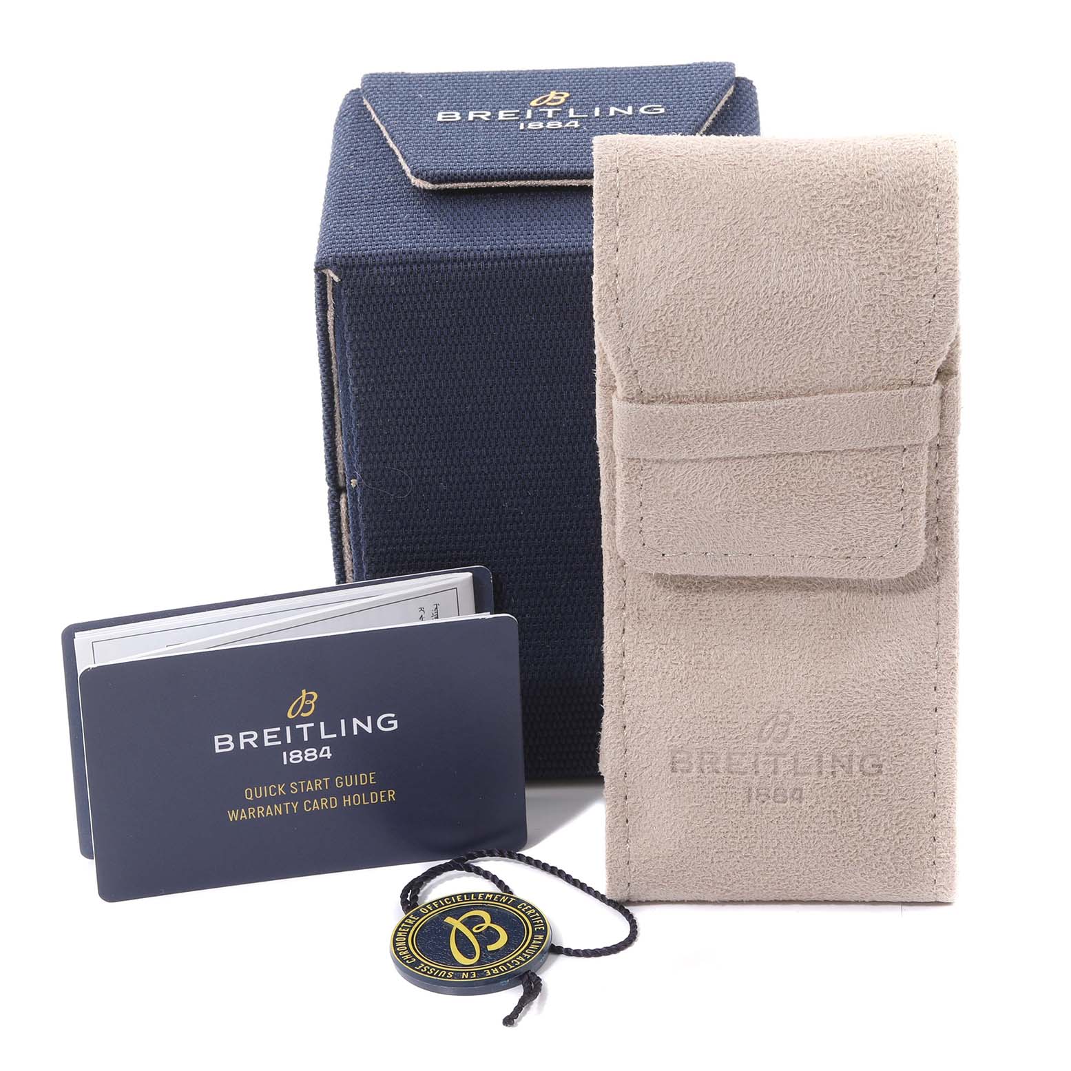 The image shows Breitling Avenger A24315 Men's Stainless Steel Blue Dial A24315 Men's Stainless Steel Blue Dial accessories, including a box, suede pouch, documents, and a tag, facing forward.