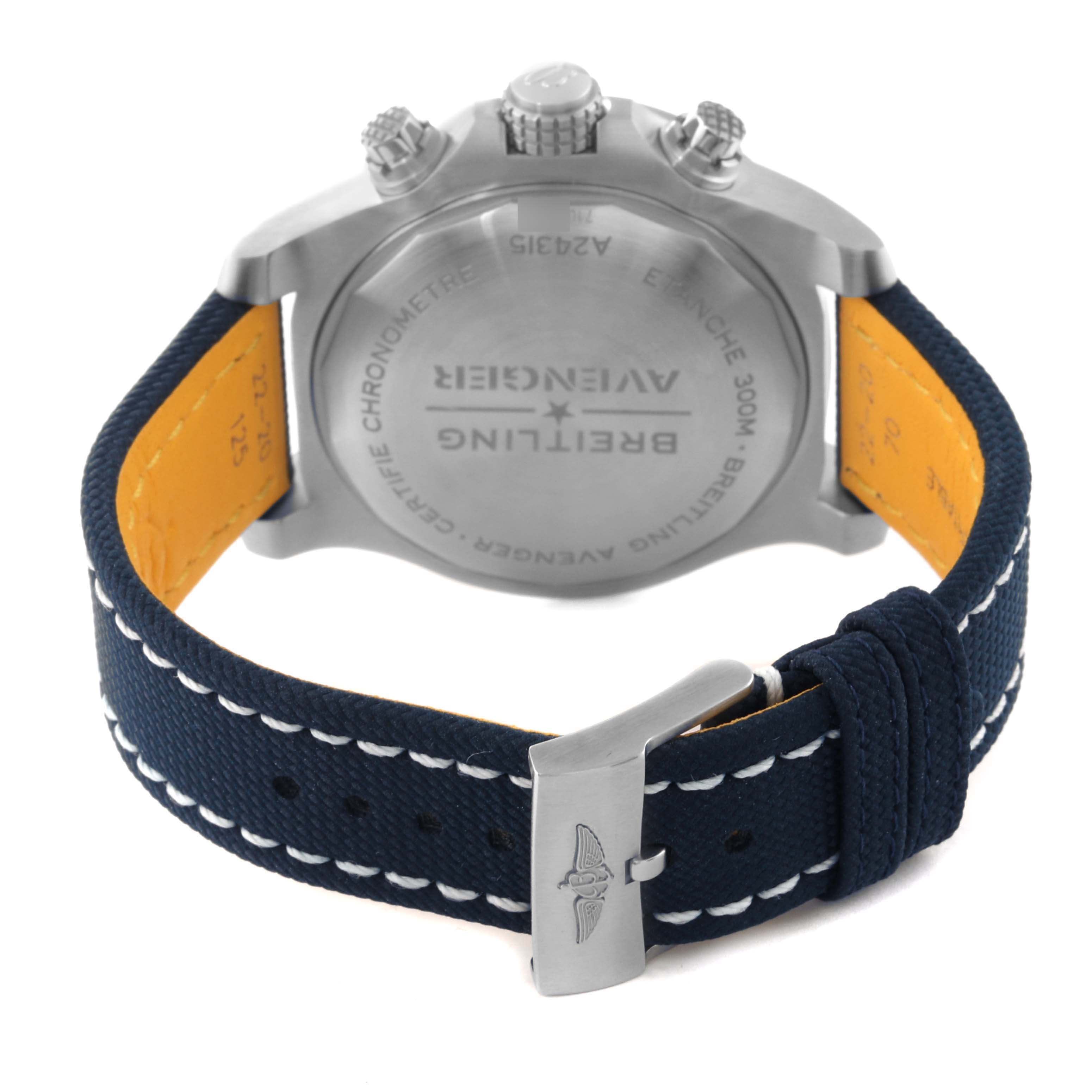 The image shows the back view of the Breitling Avenger A24315 Men's Stainless Steel Blue Dial A24315 Men's Stainless Steel Blue Dial watch, highlighting the case back, strap, and buckle.