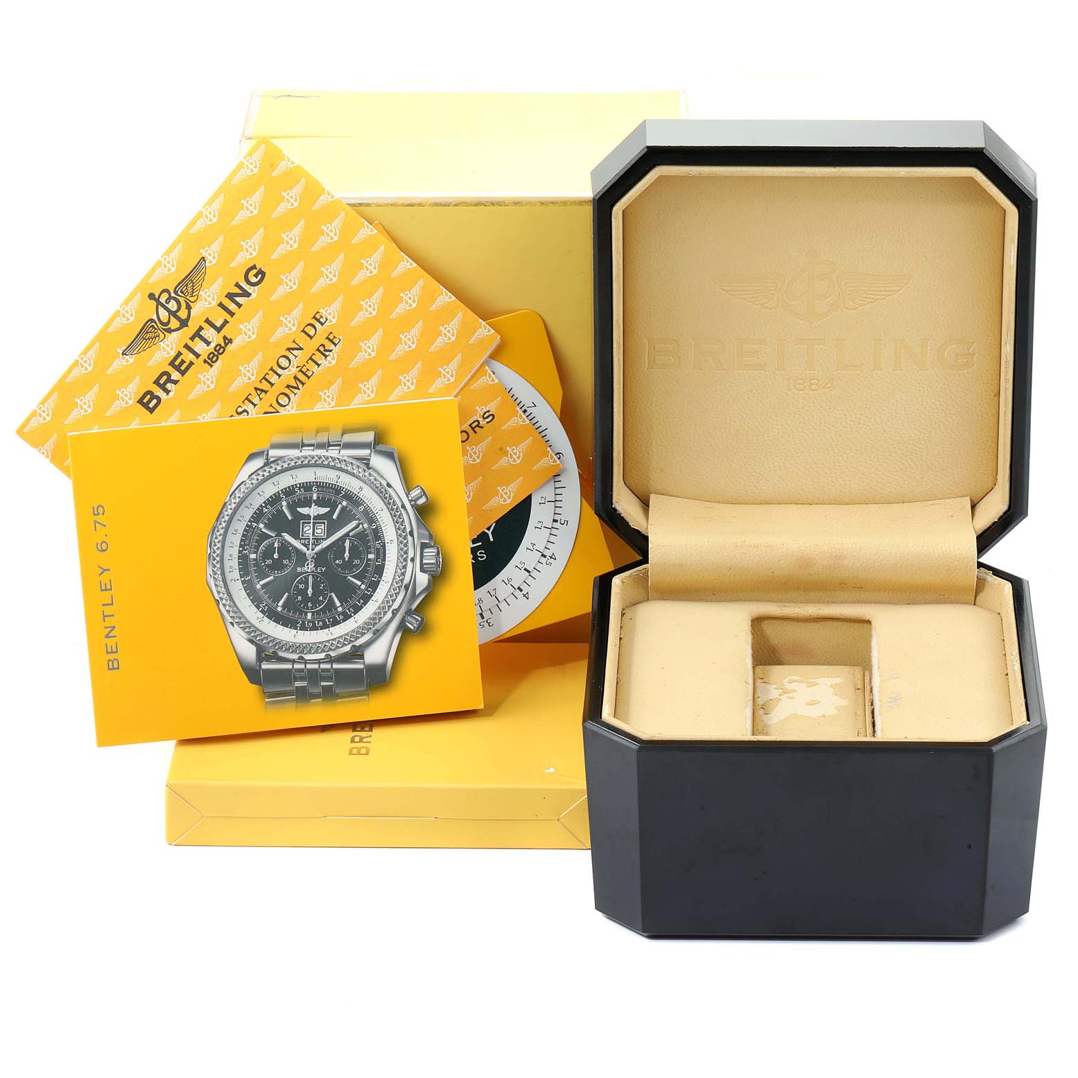 This image shows the box, manual, and accessories of a Breitling Bentley A44362  Men's Stainless Steel Silver Dial A44362  Men's Stainless Steel Silver Dial watch.