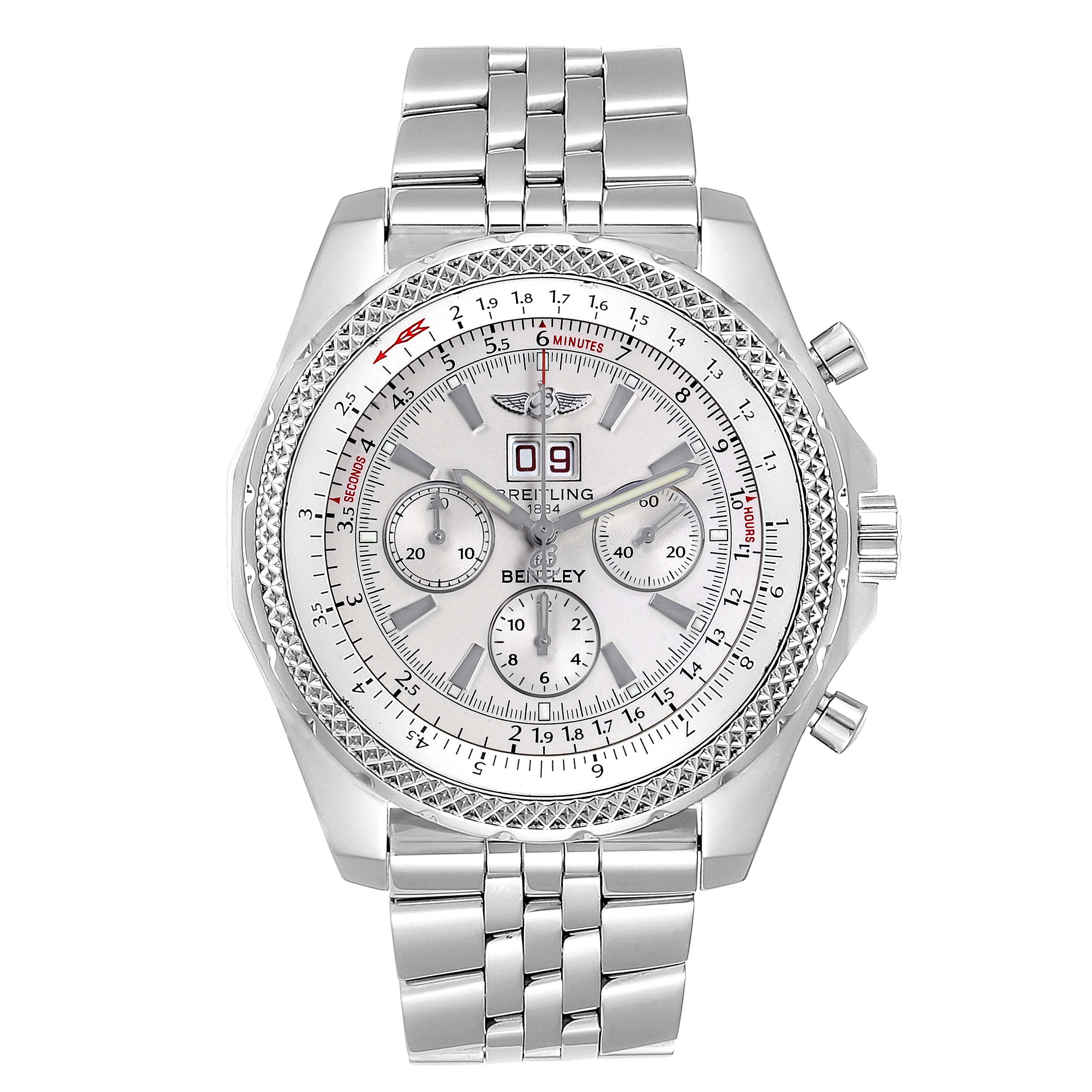This image shows a front view of a Breitling Bentley A44362  Men's Stainless Steel Silver Dial A44362  Men's Stainless Steel Silver Dial watch with a silver bracelet and detailed chronograph dial.