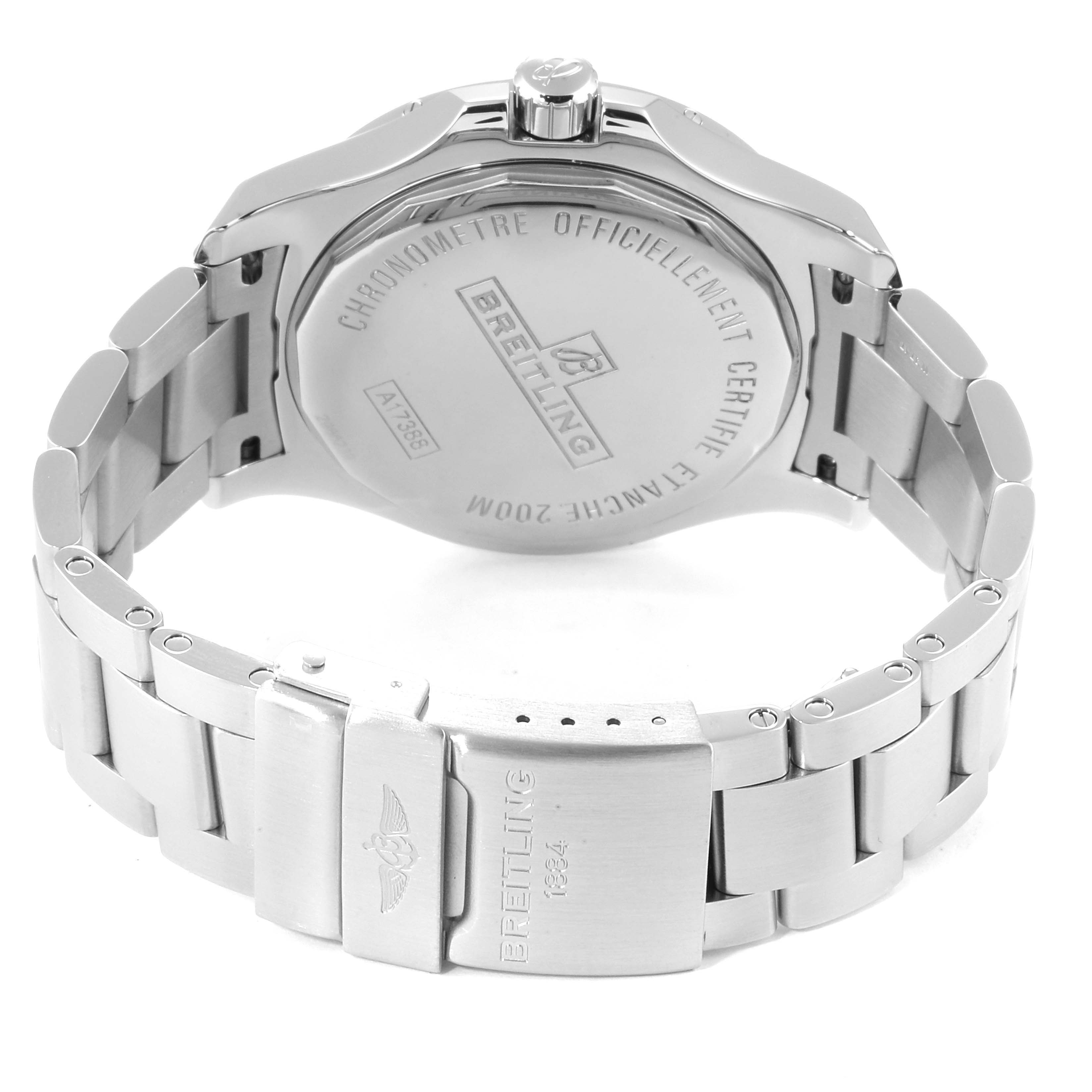 The image shows the back and clasp of a Breitling Colt A17388 Men
s Stainless Steel Blue Dial A17388 Men
s Stainless Steel Blue Dial model watch, highlighting its stainless steel bracelet.