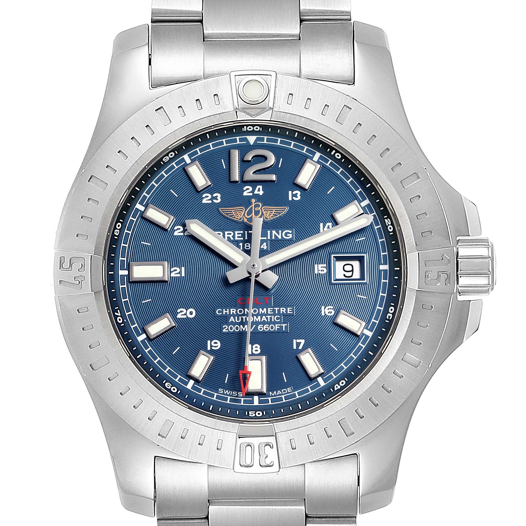 The image shows a front view of the Breitling Colt A17388 Men
s Stainless Steel Blue Dial A17388 Men
s Stainless Steel Blue Dial model watch, featuring the dial, bezel, crown, and part of the metal bracelet.