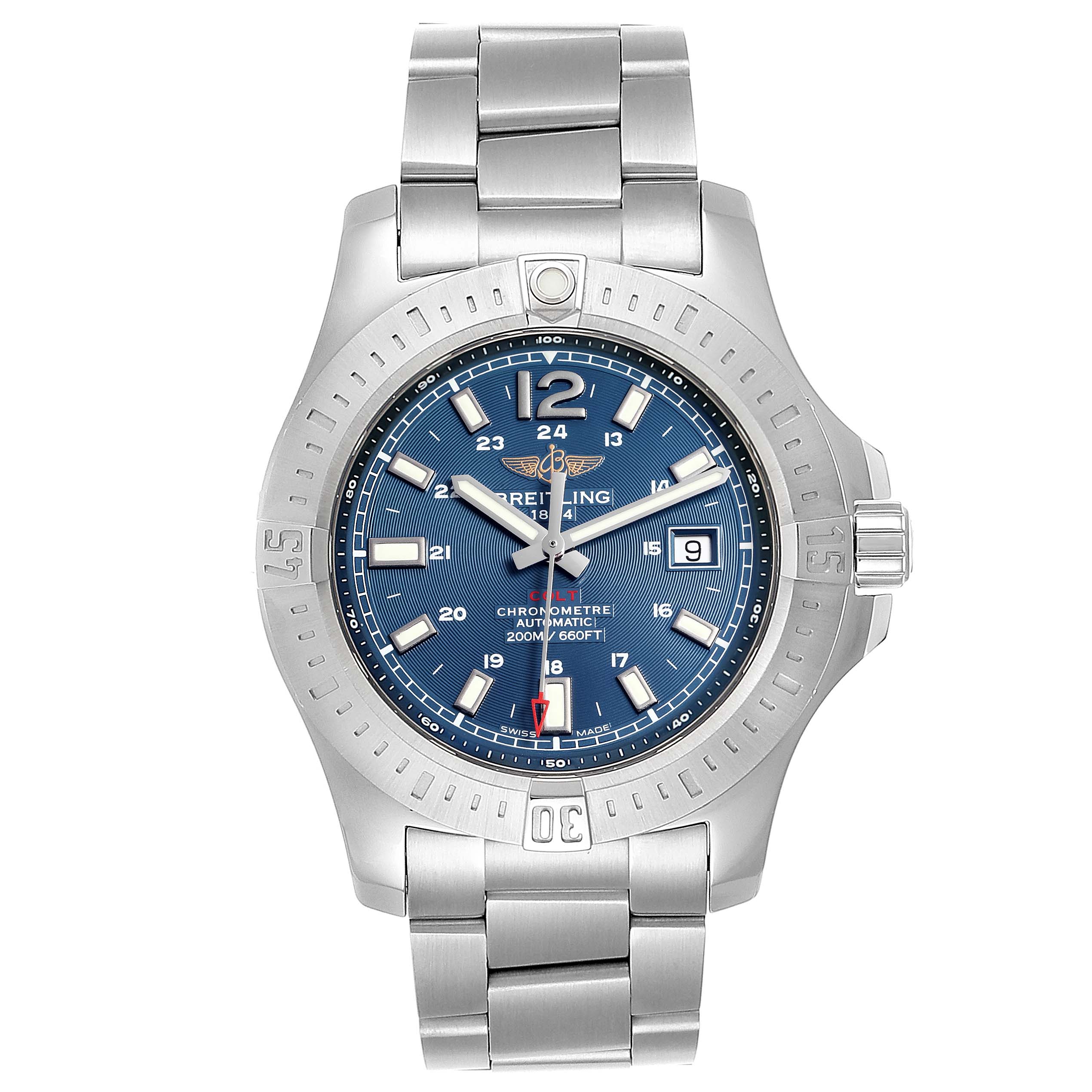 This image shows a frontal view of the Breitling Colt A17388 Men
s Stainless Steel Blue Dial A17388 Men
s Stainless Steel Blue Dial model watch, displaying its blue dial, date window, and stainless steel bracelet.