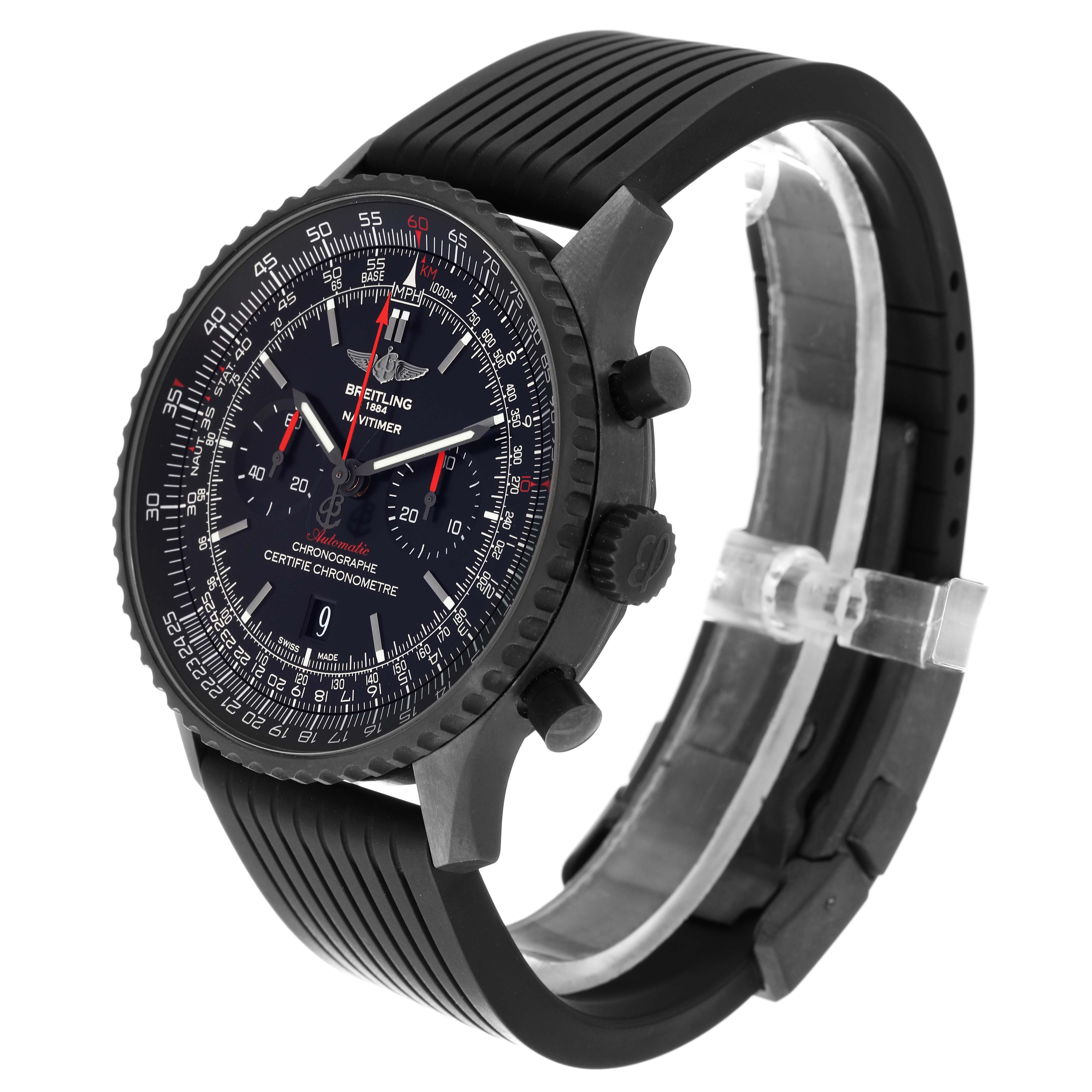 The image shows a side angle of the Breitling Navitimer MB012822/BE51 Men
s Stainless Steel Black Dial MB012822/BE51 Men
s Stainless Steel Black Dial watch, highlighting the face, bezel, pushers, and black rubber strap.